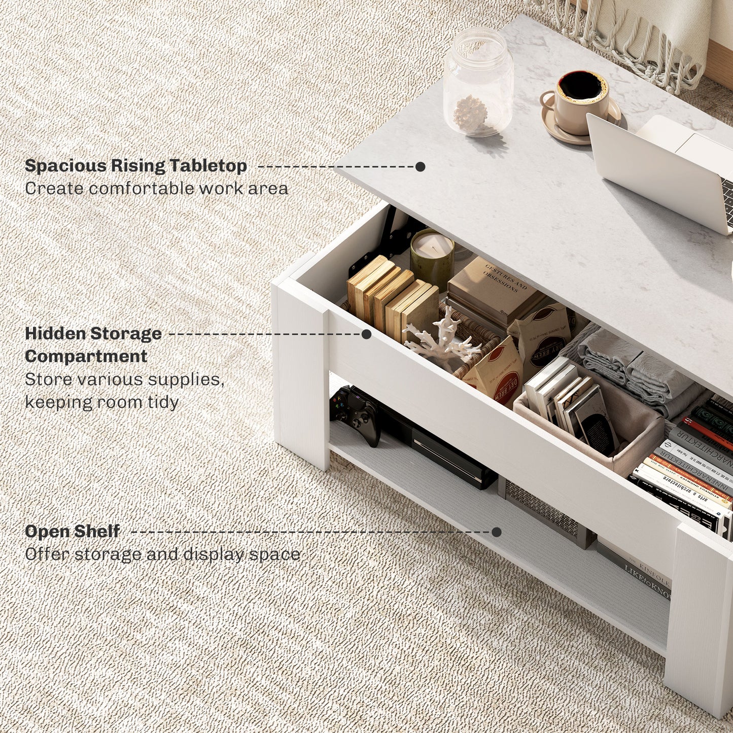 Lift Top Coffee Table with Hidden Storage Compartment and Open Shelf, Center Table for Living Room, White Coffee Tables   at Gallery Canada