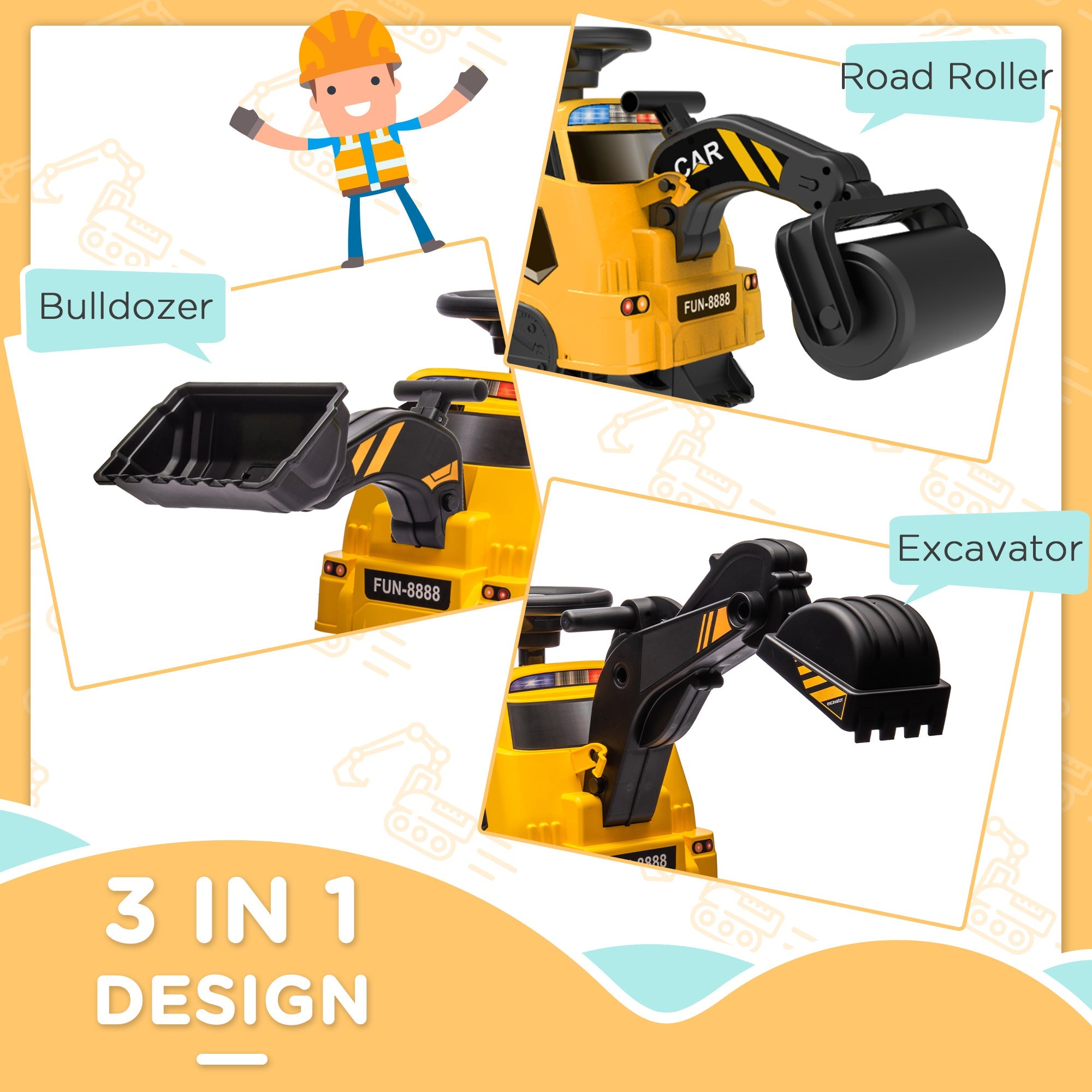 3-in-1 6V Electric Ride-On Tractor Excavator Bulldozer for Toddlers, Yellow Toy Excavators   at Gallery Canada