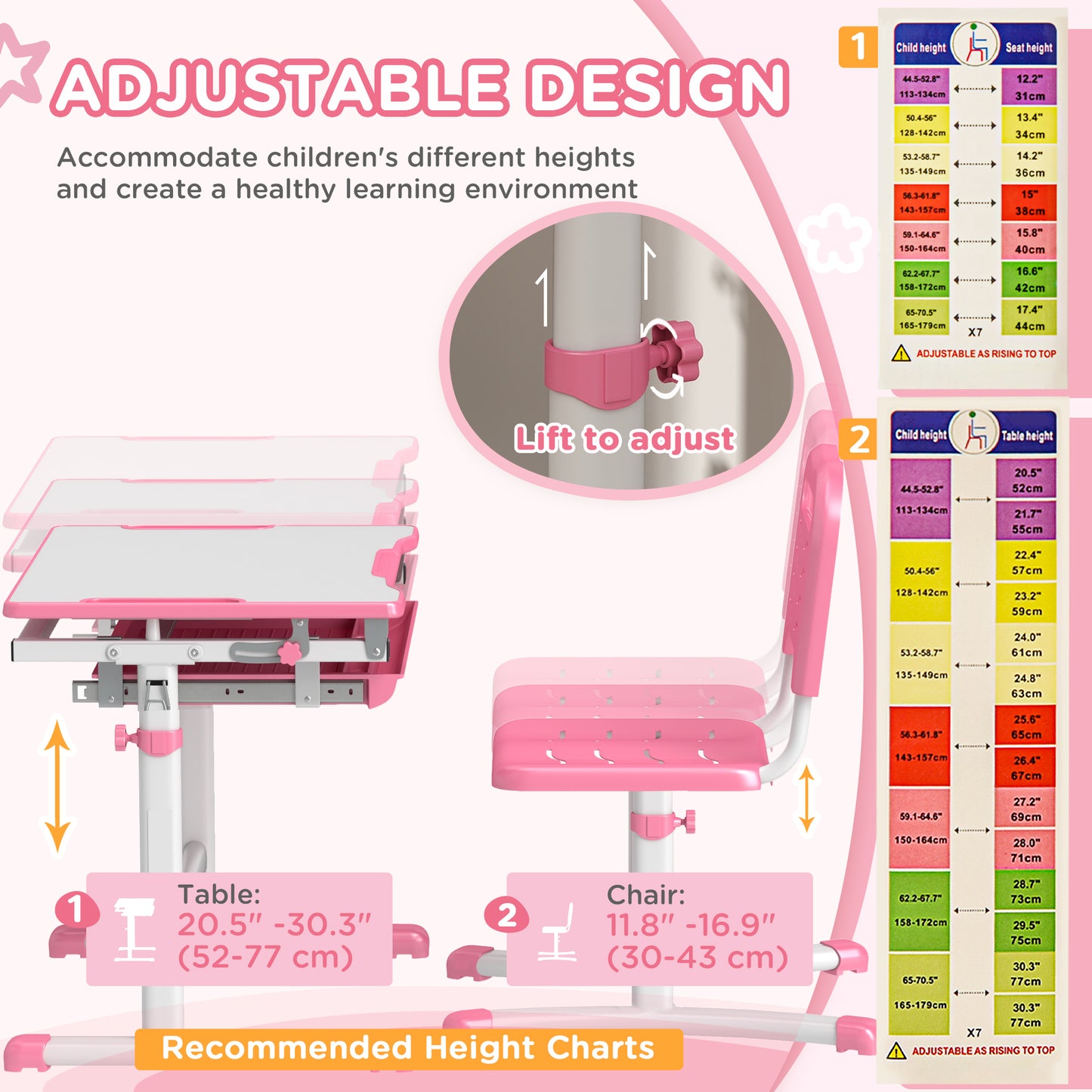 Height Adjustable Study Table and Chair Set with Drawer, Pen Slot, Tiltable Desktop, Hook, Pink Kids Desk Sets   at Gallery Canada