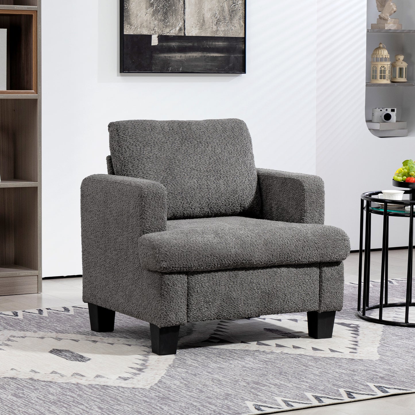 Modern Armchair, Upholstered Chenille Accent Chair with Wood Frame and Back Pillow for Living Room, Dark Grey Accent Chairs Dark Grey at Gallery Canada