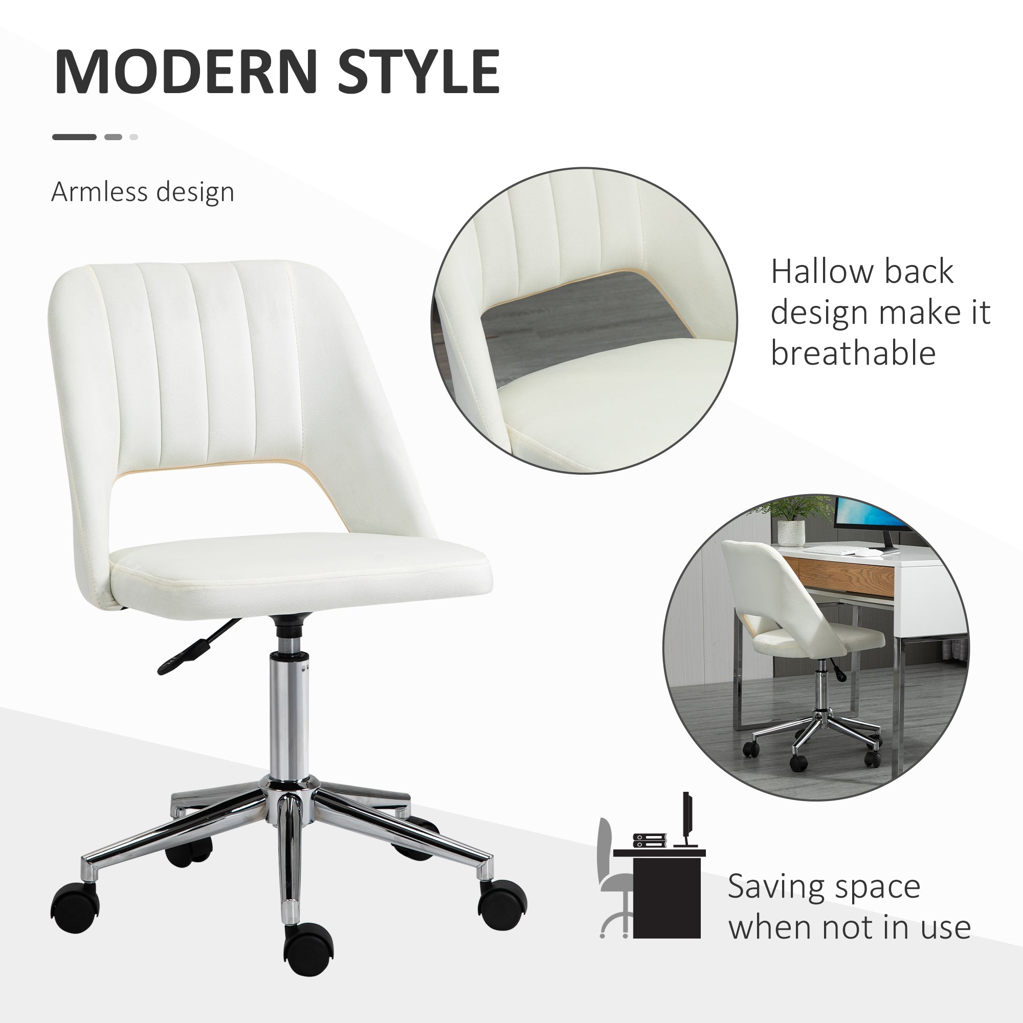 Mid Back Office Chair Velvet Fabric Swivel Scallop Shape Computer Desk Chair, Cream White Office Chairs at Gallery Canada