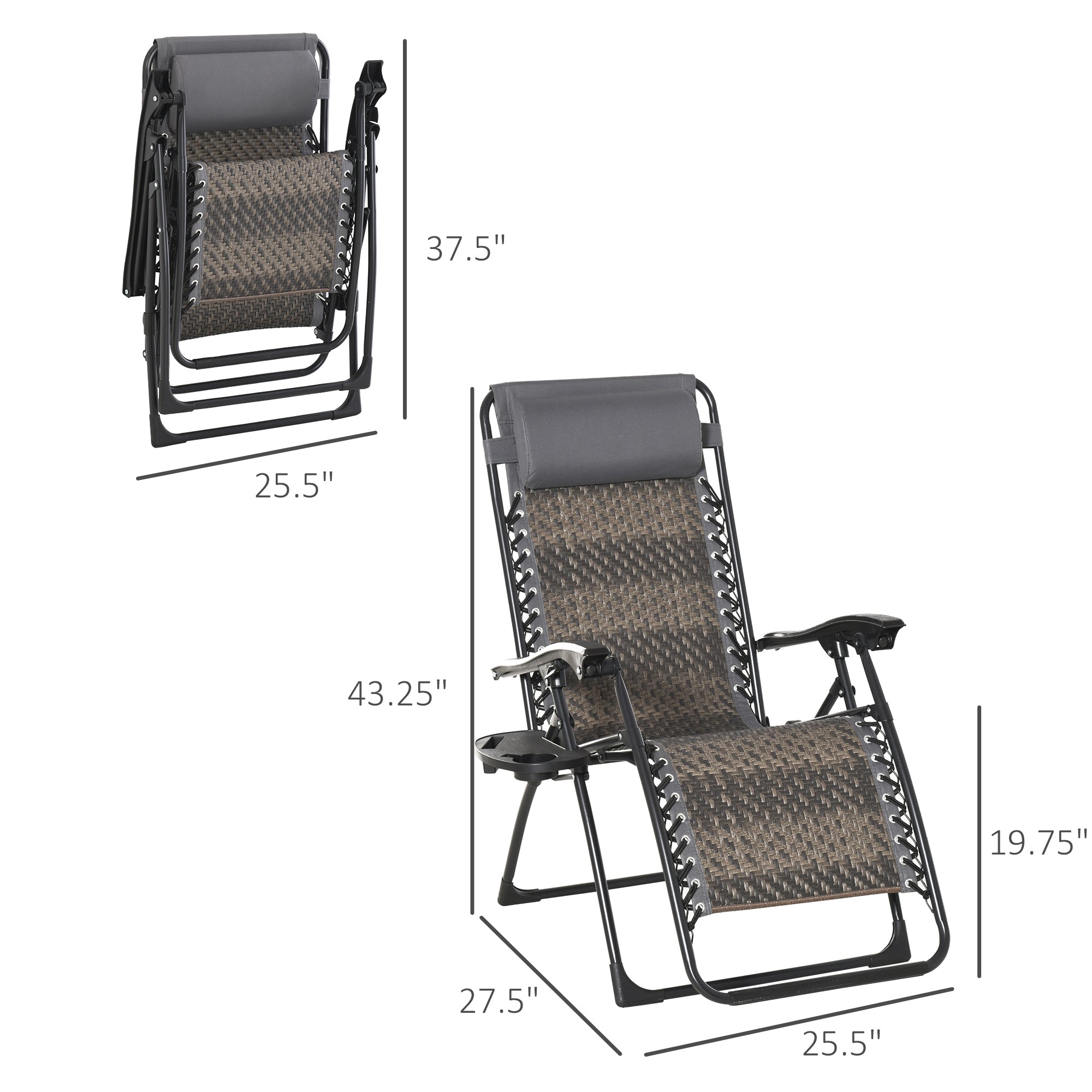 Zero Gravity Chair Wicker Lounger Adjustable Recliner Outdoor Folding Chair with Headrest, Side Table Tray for Patio, Garden, Balcony, Deck, Grey Lounger Chairs Grey  at Gallery Canada