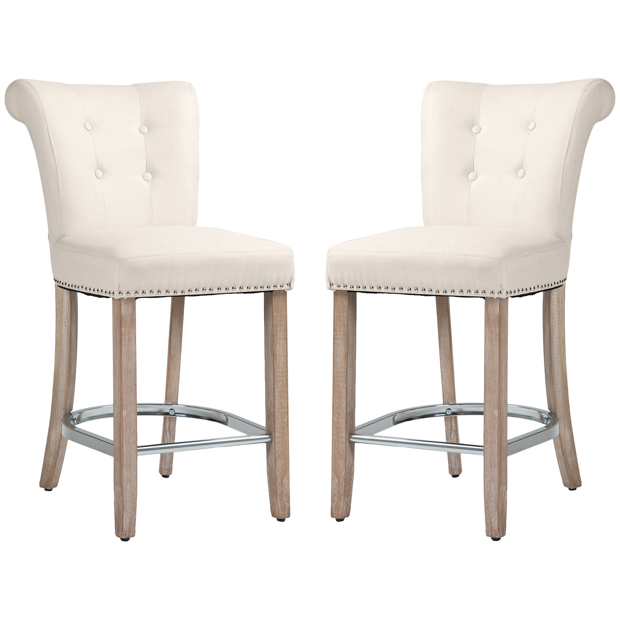 Bar Stools Set of 2, Upholstered Counter Height Stools with Button Tufted Back, Wood Legs and Footrest, Cream White Bar Stools   at Gallery Canada