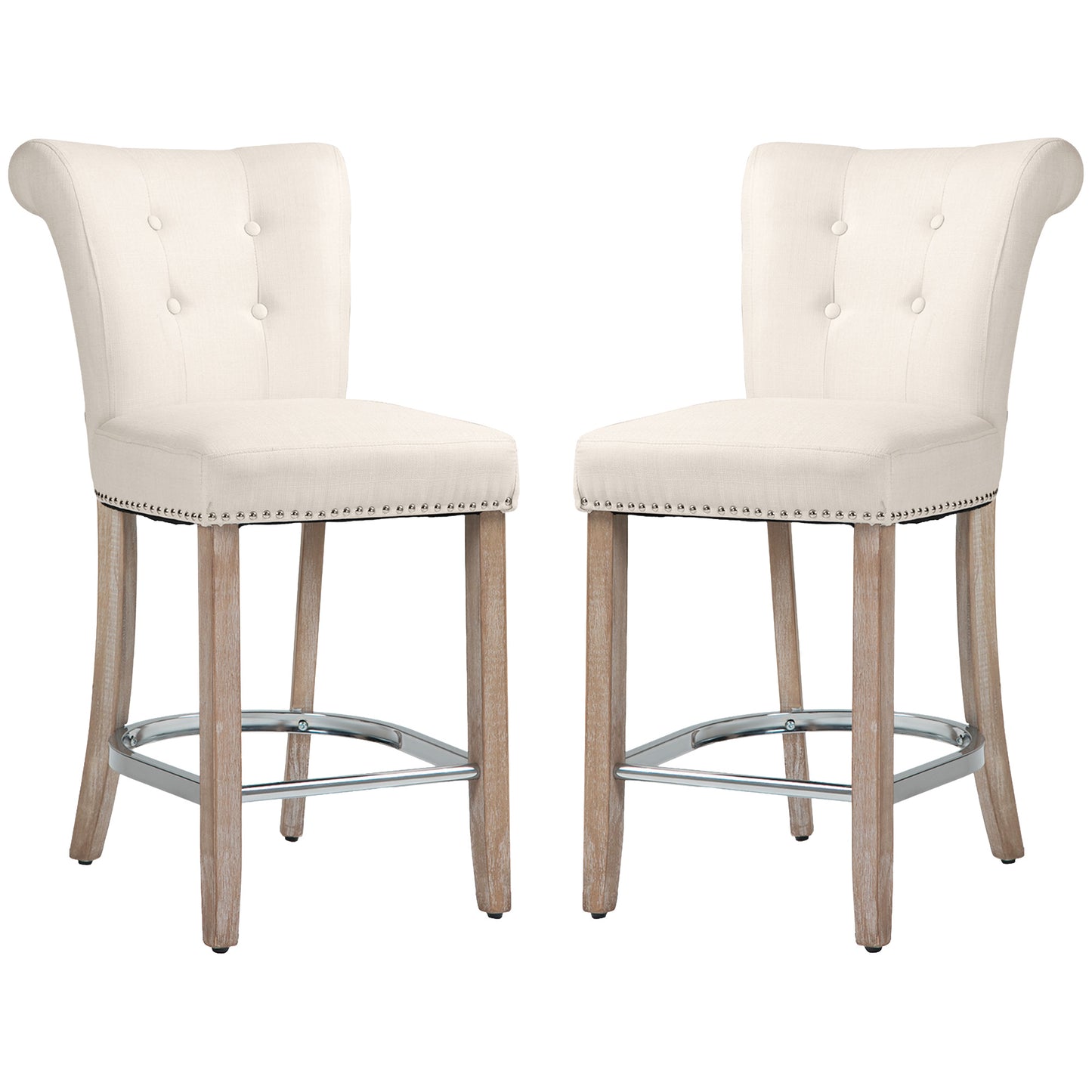 Bar Stools Set of 2, Upholstered Counter Height Stools with Button Tufted Back, Wood Legs and Footrest, Cream White Bar Stools   at Gallery Canada