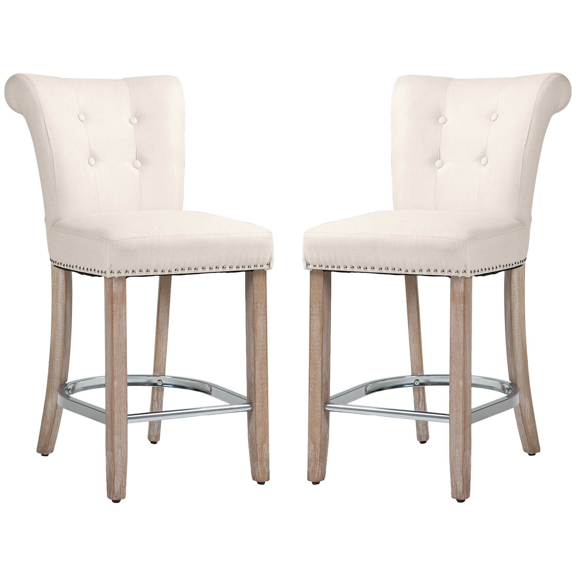 Bar Stools Set of 2, Upholstered Counter Height Stools with Button Tufted Back, Wood Legs and Footrest, Cream White Bar Stools   at Gallery Canada