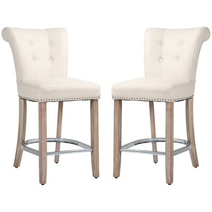 Bar Stools Set of 2, Upholstered Counter Height Stools with Button Tufted Back, Wood Legs and Footrest, Cream White Bar Stools   at Gallery Canada