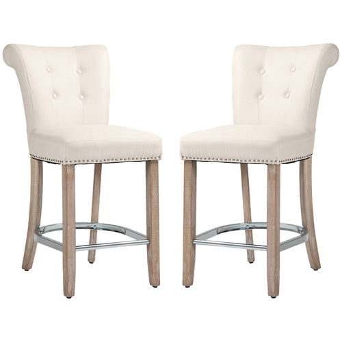 Bar Stools Set of 2, Upholstered Counter Height Stools with Button Tufted Back, Wood Legs and Footrest, Cream White