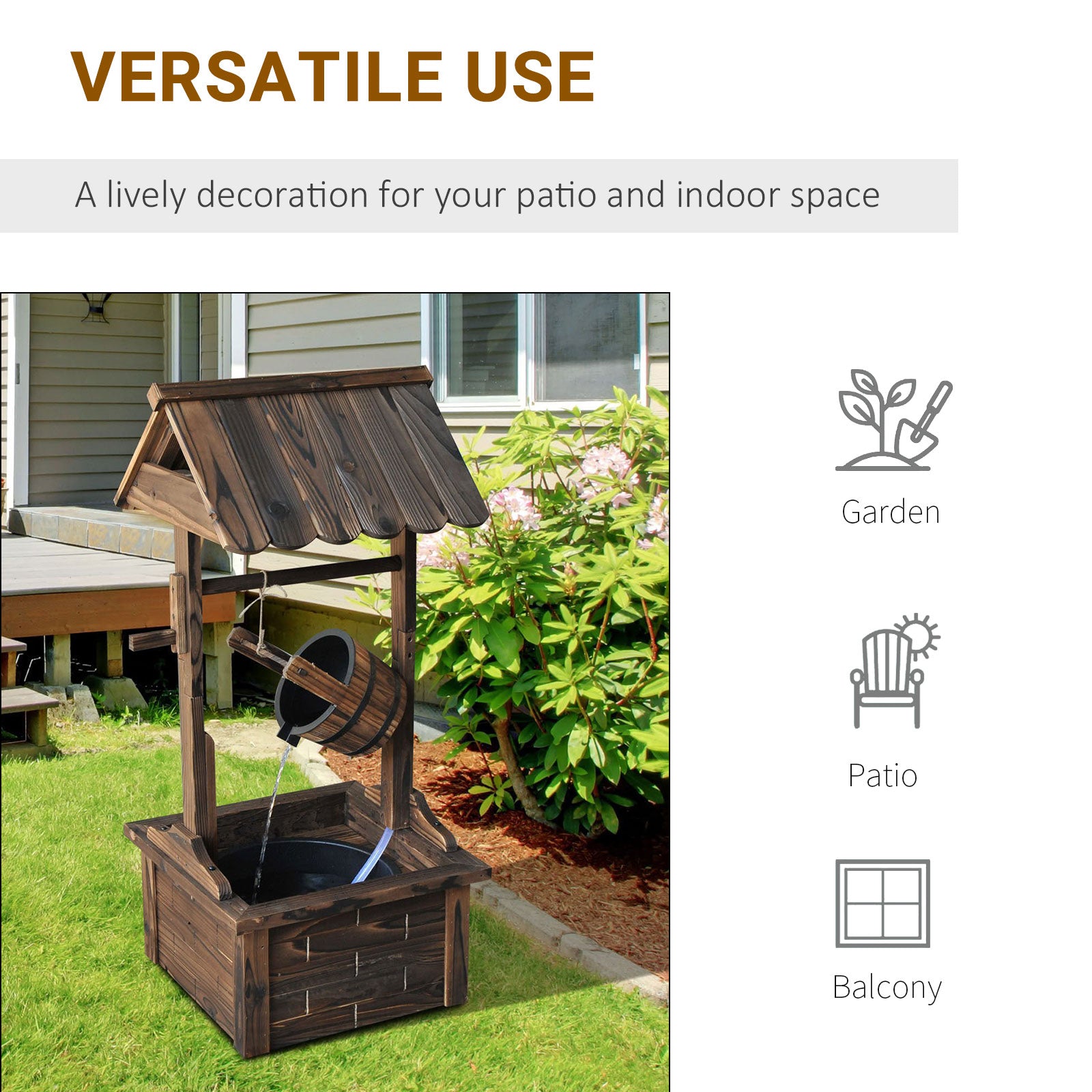 Outdoor Wooden Waterfall Wishing Well Fountain with Electric Pump, Water Bucket, for Patio, Garden, Carbonized Water Fountains at Gallery Canada