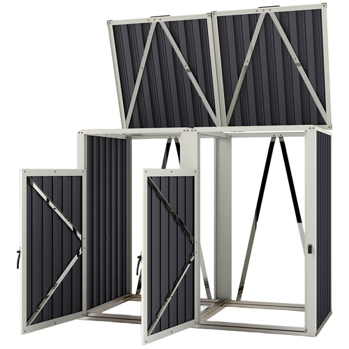 Double Garbage Bin Shed, Lockable Outdoor Storage Shed with Openable Lid, Galvanized Frame for Garden Patio, Dark Grey