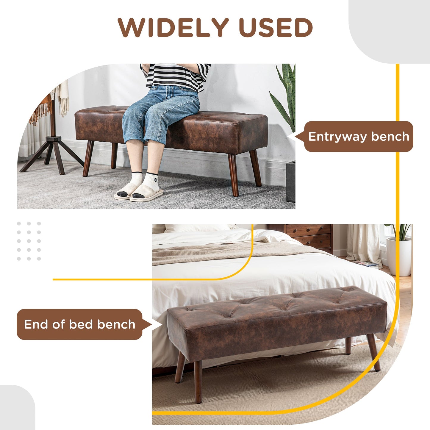 Bedroom Bench, End of Bed Bench with Button Tufted Design, PU Leather Upholstered Entryway Bench with Wood Legs, Brown Storage Ottomans & Benches   at Gallery Canada