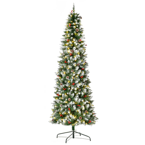 7.5 ft Snow-Dipped Pencil Christmas Tree Pre-Lit Holiday Decoration with LED Lights Pine Cones Red Berries Green