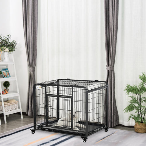 Folding Heavy Duty Dog Crate Heavy Duty Cage for Medium Sized Dogs with Double Doors, Lockable Wheels Tray, 37