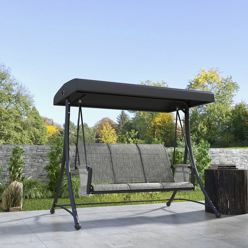 3 Person Outdoor Porch Swing Chair with Adjustable Canopy, Mixed Grey