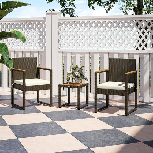 3 Pieces Wicker Patio Furniture Set, Rattan Bistro Set w/ Acacia Wood Table &; Removable Cushions, White