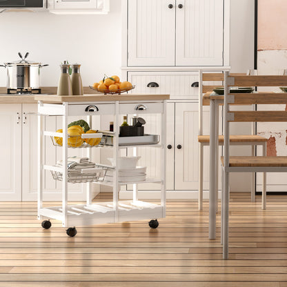 Rolling Kitchen Island Trolley Serving Cart Wheeled Storage Cabinet w/ Basket Shelves and Drawers White Kitchen Islands & Kitchen Carts   at Gallery Canada