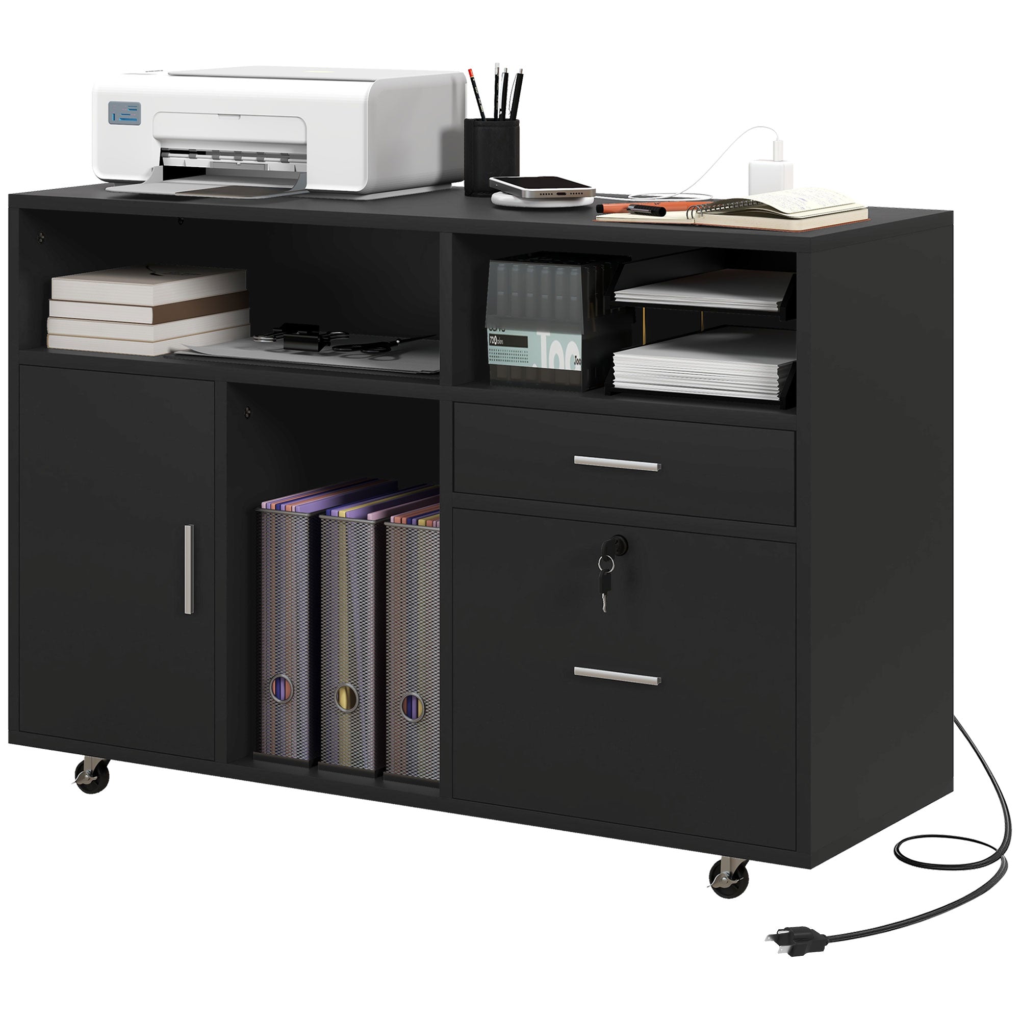 Mobile Printer Stand with Charging Station and USB Ports, Locking Filing Cabinet for A4 and Letter Size, Black Office Cabinets & Cupboards Black at Gallery Canada