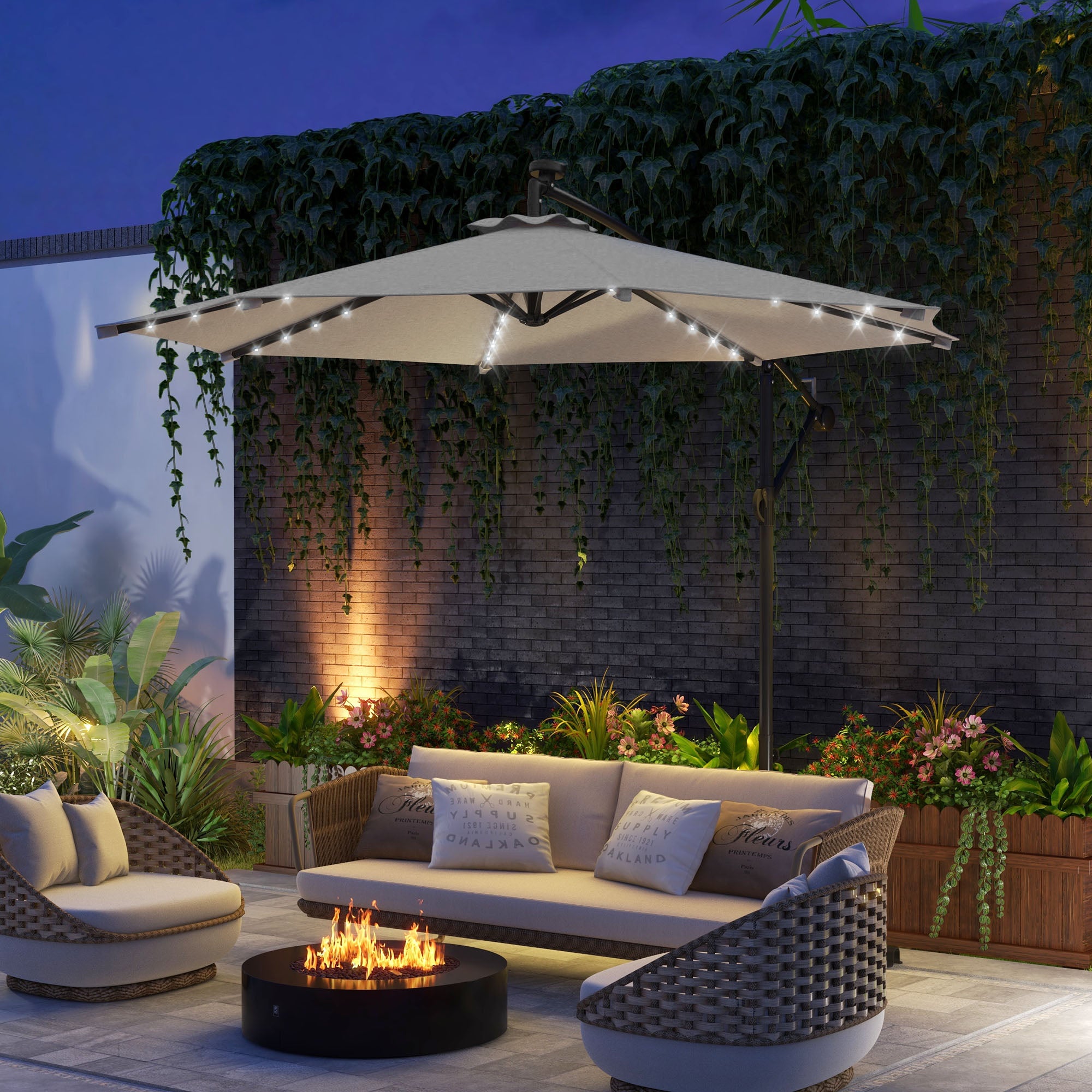 10ft Outdoor Cantilever Umbrella Banana Umbrella with Solar Lights and Adjustable Angle for Patio Backyard Light Grey Cantilever Umbrellas at Gallery Canada