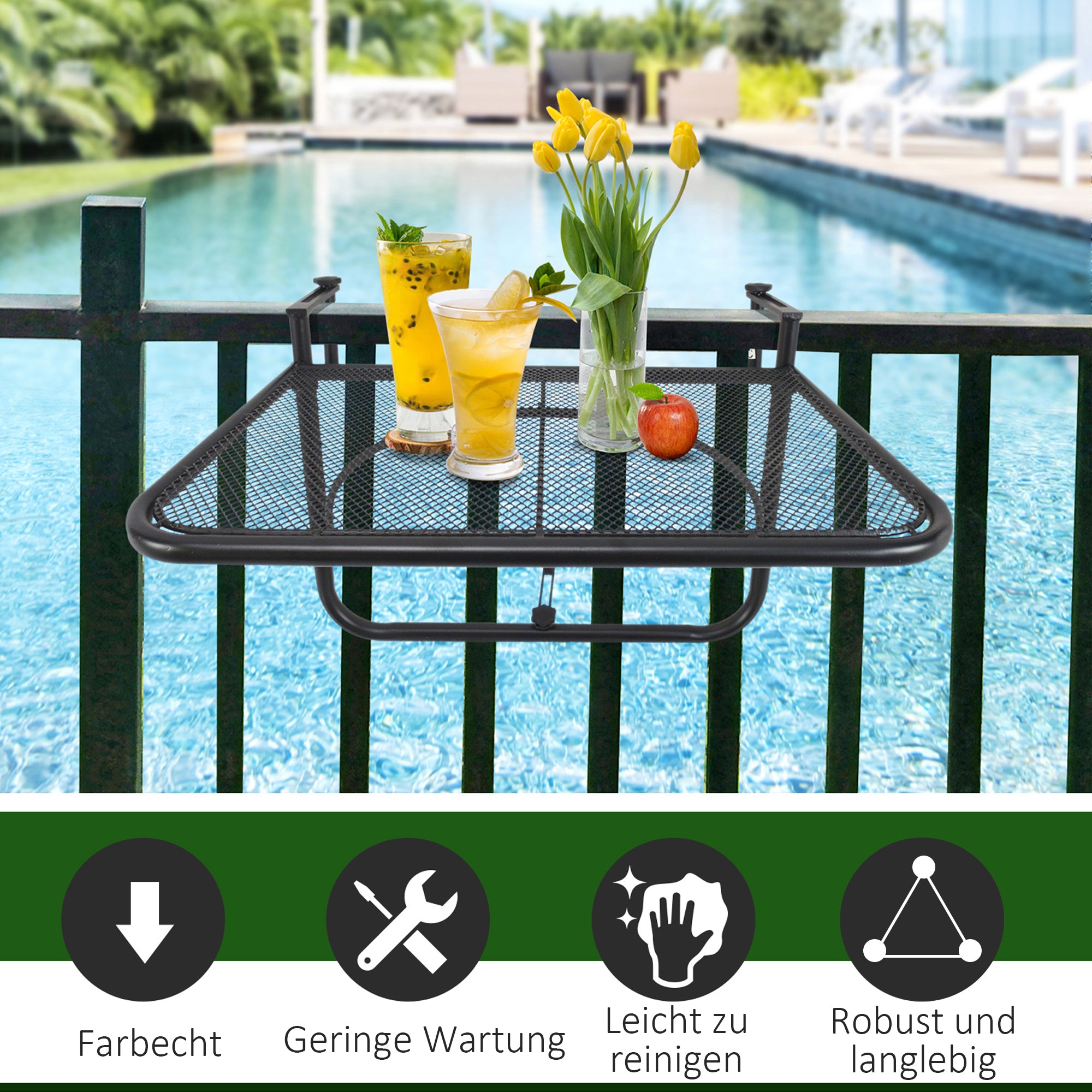 Adjustable Balcony Hanging Railing Table, Metal Mounting Mini Wall Desk Storage Rack, Outdoor Flower Stand Serving Table Rectangle, Black Balcony Table Hanging at Gallery Canada