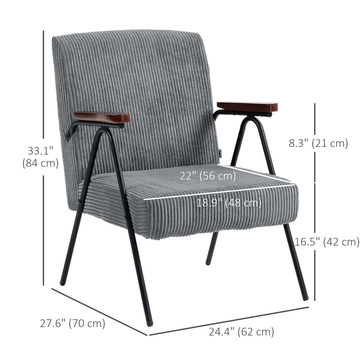 Modern Armchair, Upholstered Corduroy Accent Chair with Wood Arms and Steel Frame for Living Room, Bedroom, Grey Accent Chairs   at Gallery Canada