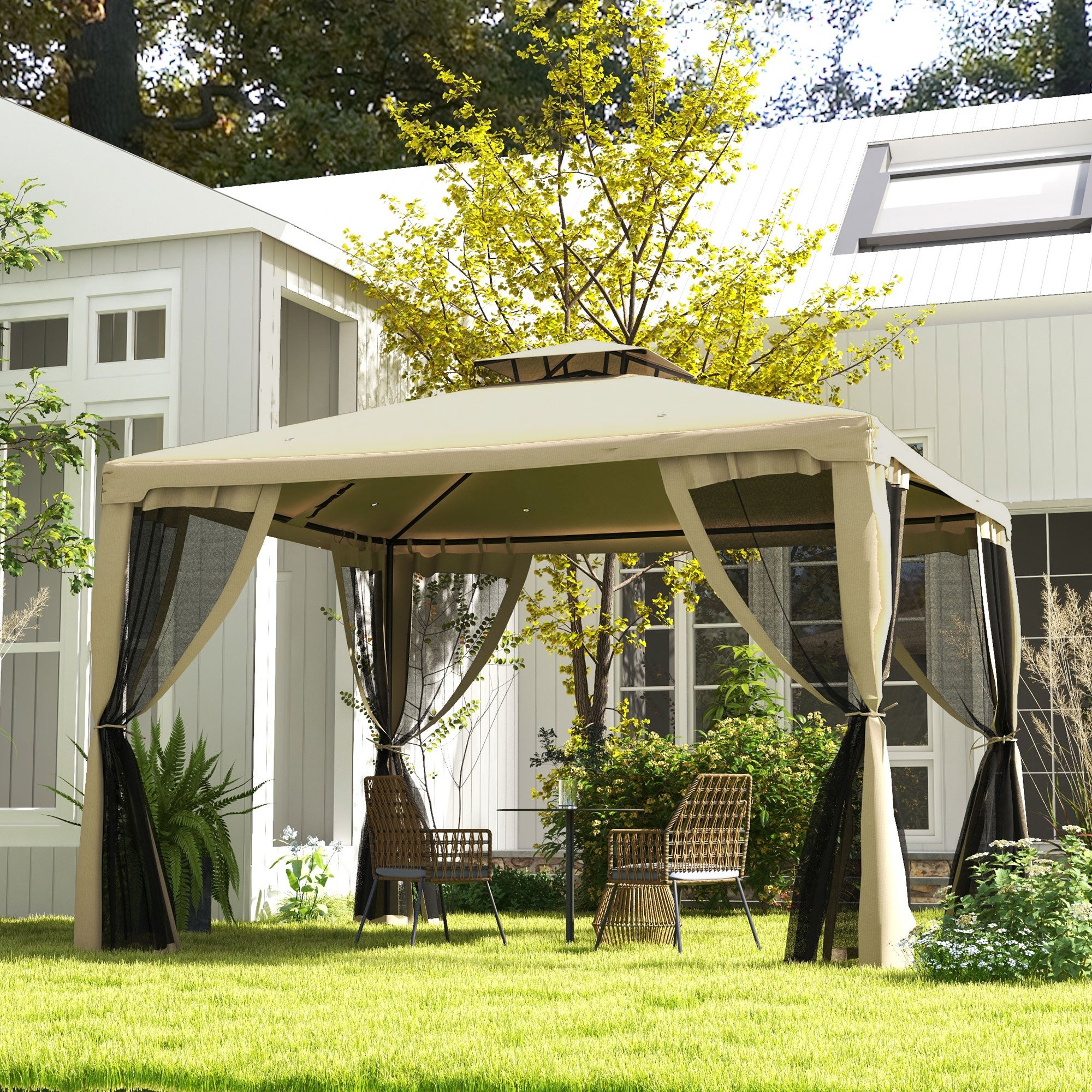 12' x 10' Patio Gazebo Outdoor Pavilion 2 Tire Roof Canopy Shelter Garden, Steel Frame w/ Mosquito Netting, Taupe Gazebos at Gallery Canada