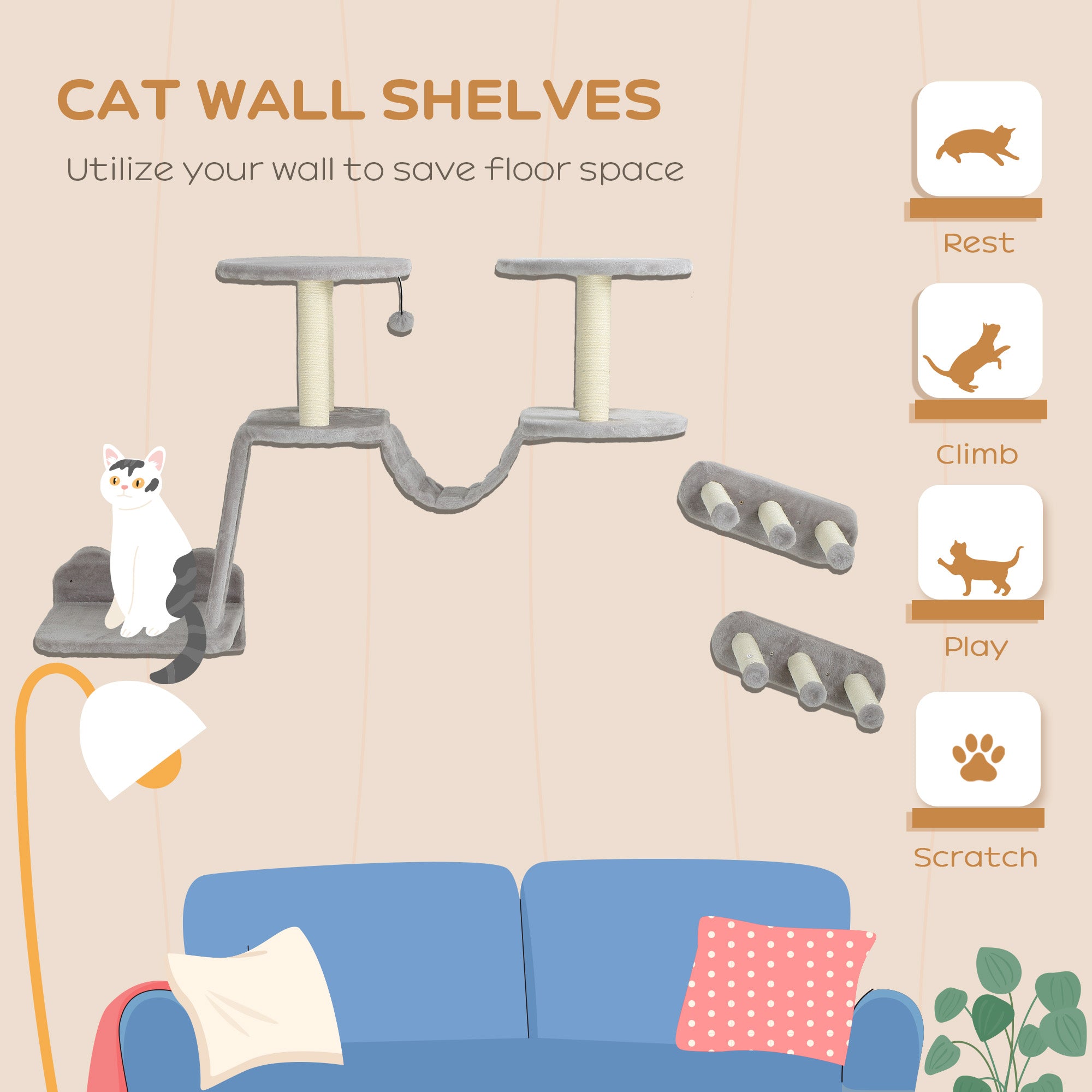 3PCs Cat Wall Shelves w/ Scratching Post, Perches, Steps, Ladder, Light Grey Cat Climbing Wall   at Gallery Canada