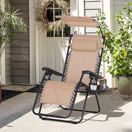 Outdoor Zero Gravity Reclining Lounger Chair with Canopy Shade, Side Tray, Cupholder, Beige