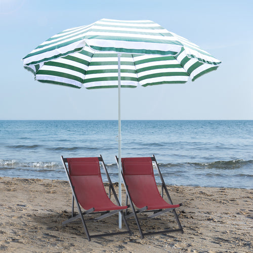 6FT Round Beach Umbrella with Tilt Mechanism, Outdoor UV Protection Sun Shaded Canopy with Push Button, Striped Green