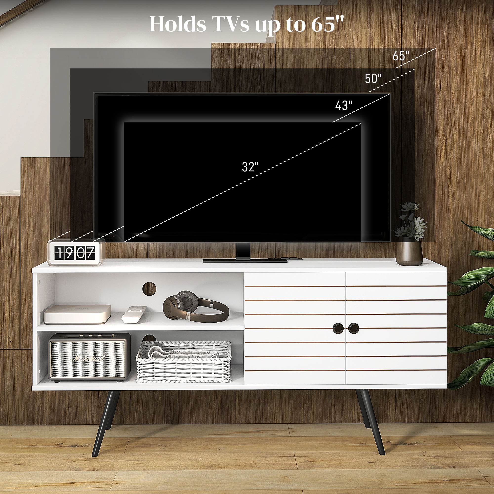 TV Stand Cabinet for 65-Inch, TV Table with Charging Station, Television Stand with Open Shelves, Door and Cable Holes TV Stands   at Gallery Canada