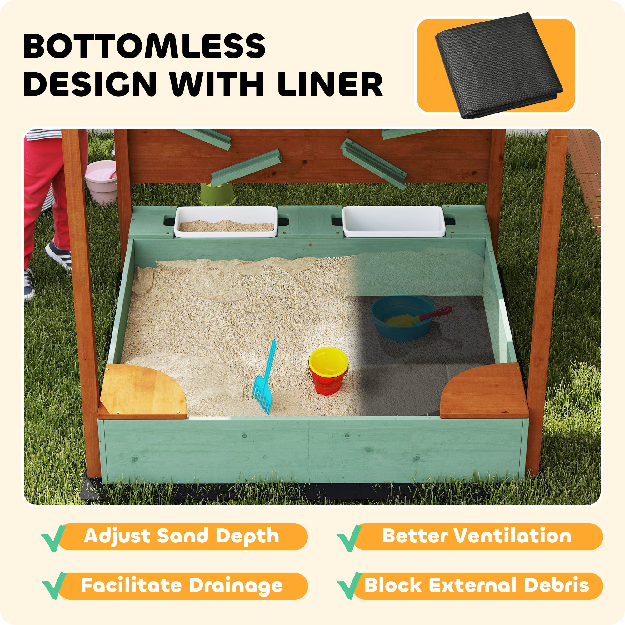 Wooden Kids Sandbox with Canopy, Sand Wall, Bottom Liner, for 3-6 Years, 46
