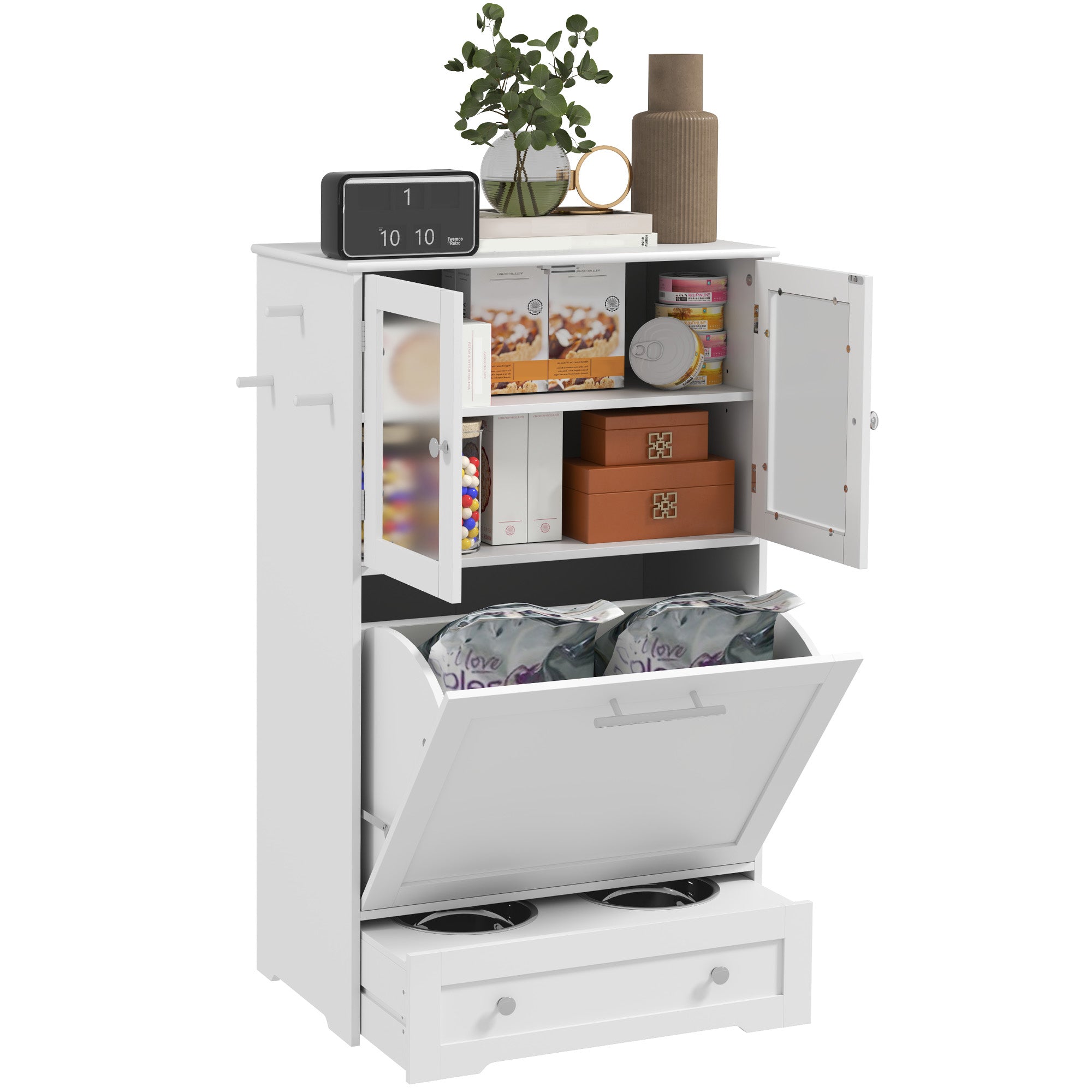 Dog Feeding Station with 2 Storage Cabinets, 2 Elevated Bowls, Side Hooks, Anti-tip Kit for Water and Feeding Supplies Dog Bowls at Gallery Canada