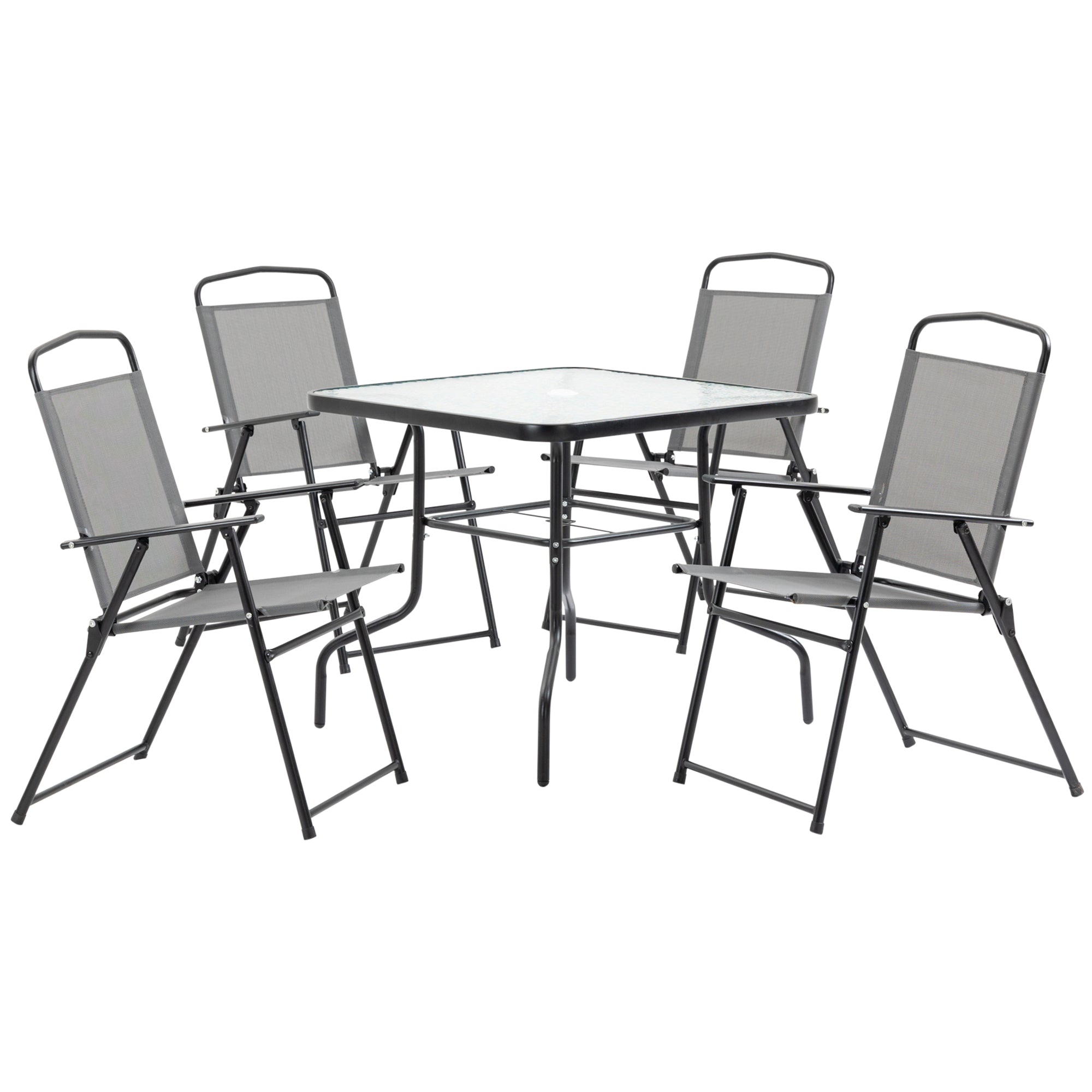 5 Pieces Patio Table and Chairs, Outdoor Dining Set with 4 Folding Chairs, Glass Tabletop and Parasol Hole, Grey Outdoor Dining Sets at Gallery Canada