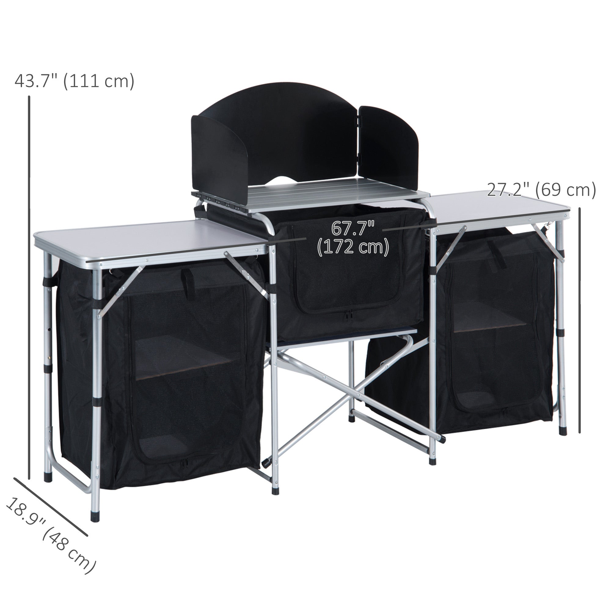 Folding Camping Kitchen Table with Carrying Bag, Windscreen and 3 Enclosed Cupboards, Aluminum Cook Station, Black Picnic Tables & Camping Chairs at Gallery Canada