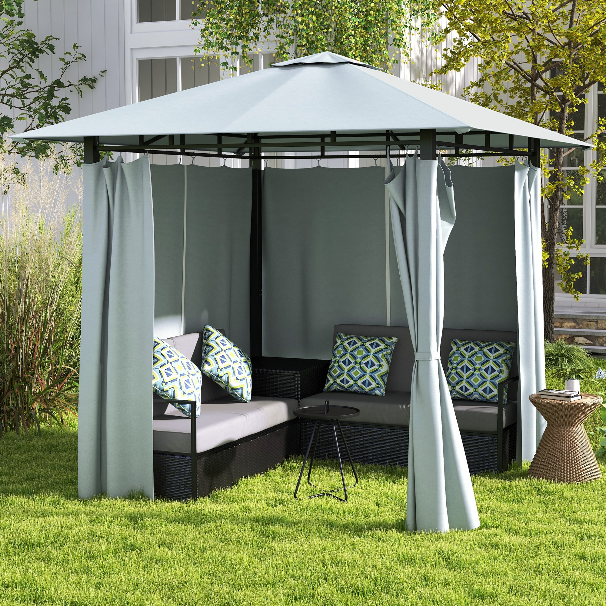 Patio Furniture Set with Gazebo, Outdoor PE Rattan Wicker Conversation Sofa with Storage Corner Table, Cushion, for Backyard, Porch, Poolside, Balcony, Grey Patio Furniture Sets at Gallery Canada