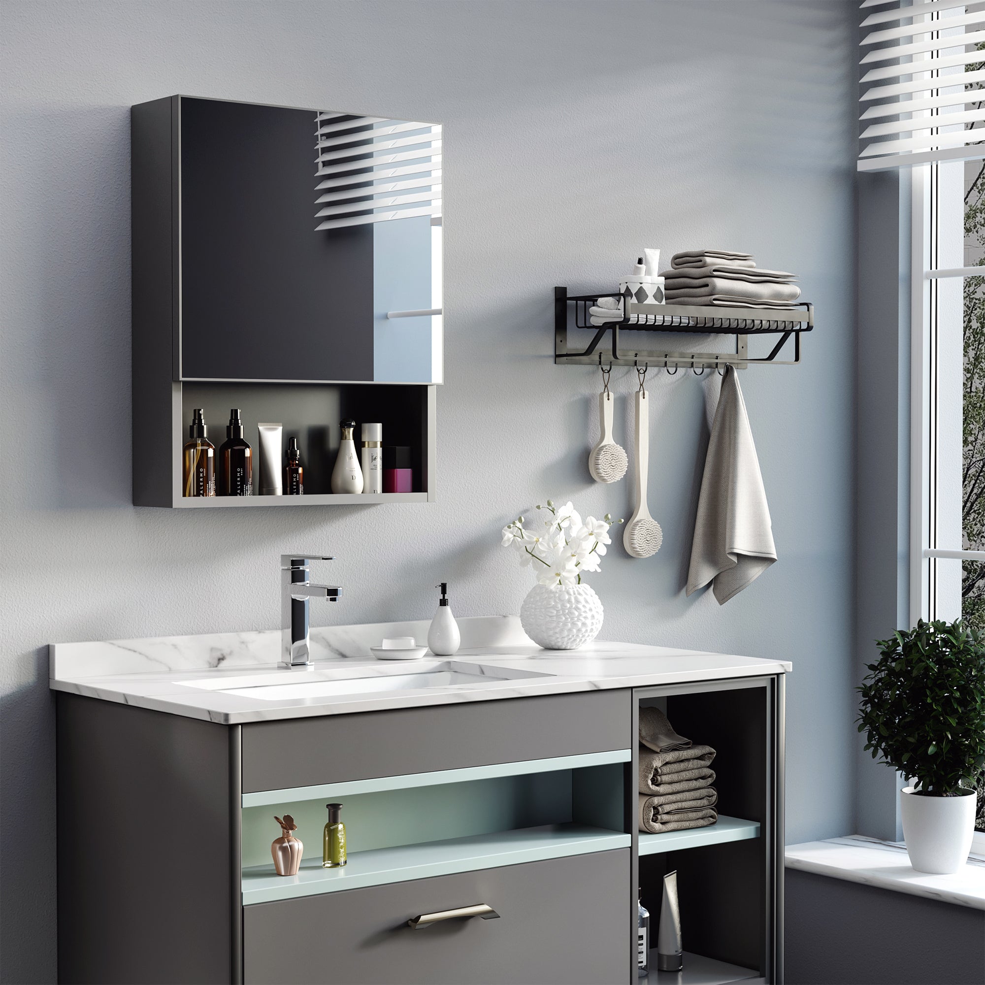 Bathroom Medicine Cabinet, Wall-Mounted Mirror Cabinet with Single Door, Storage Shelves and Stainless Steel Frame for Laundry Room, Black Mirror Medicine Cabinets   at Gallery Canada