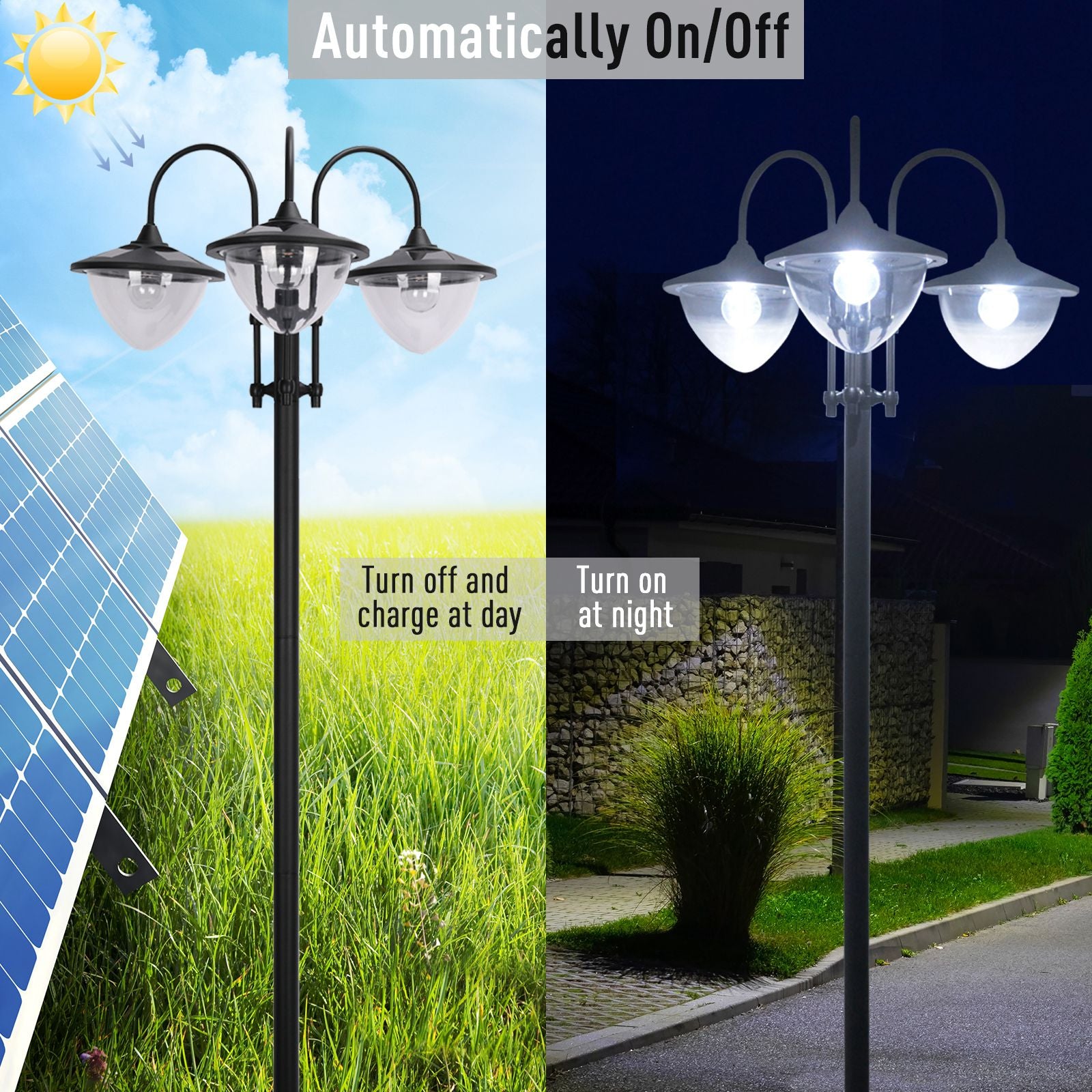 3-head LED Solar Light Lamp Street Light Post with Planter, Solar-powered Lamp Post, Black Solar Post Lamps at Gallery Canada