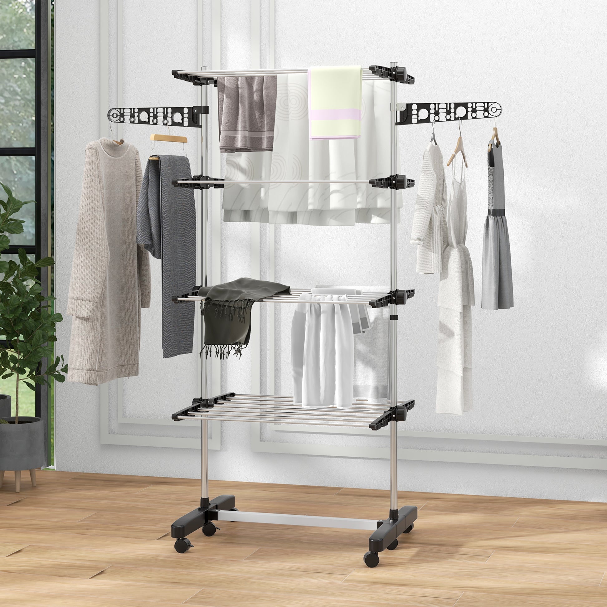 Garment Drying Rack Stainless Steel Folding Clothes Hanging Rack with Side Wings Castors for Indoor Outdoor Black Bath Accessories   at Gallery Canada