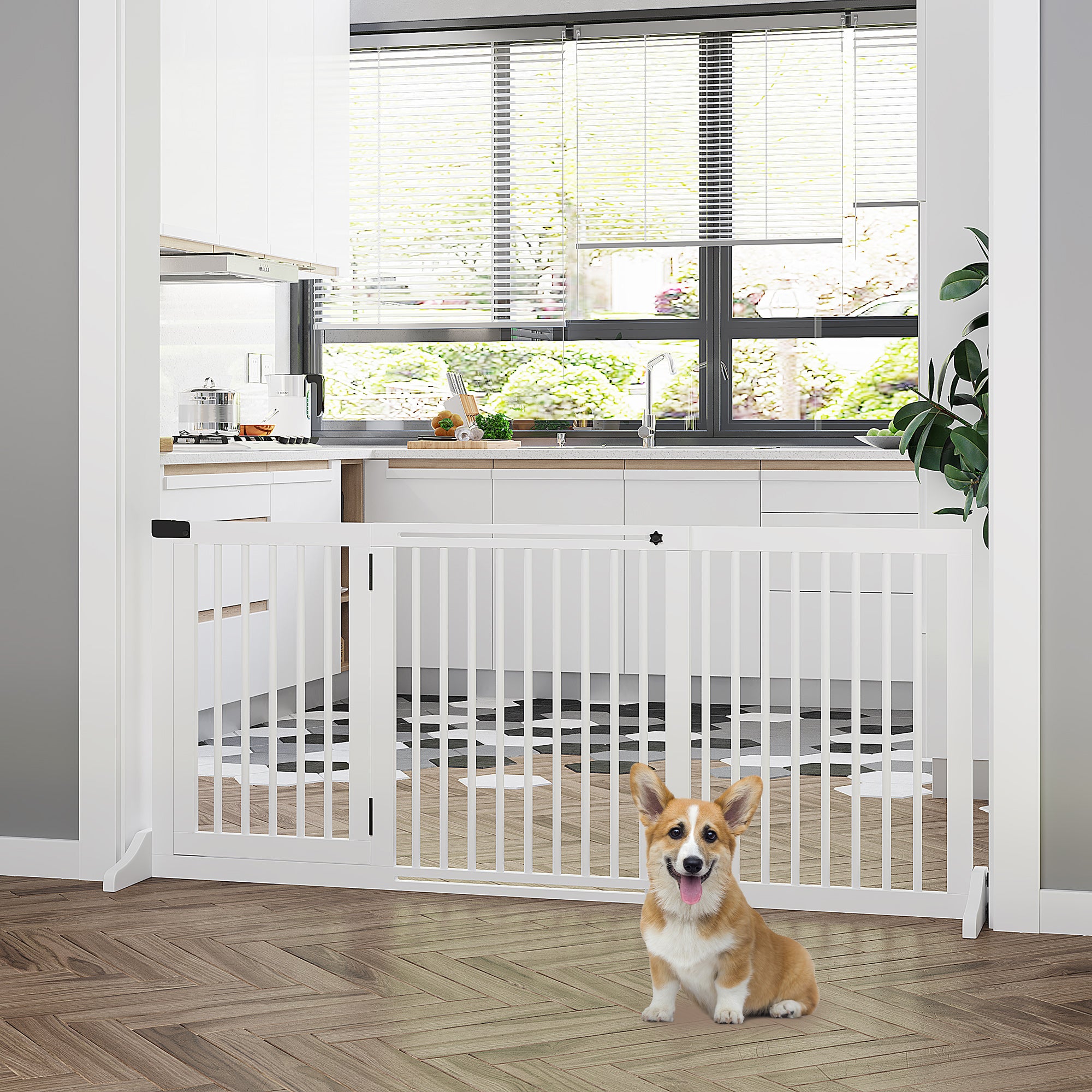 Freestanding Length Adjustable Wooden Pet Gate with Lockable Door 3 Panels, White Houses, Kennels & Pens at Gallery Canada