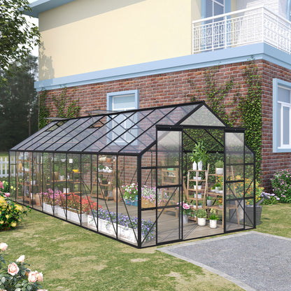 20' x 8' Aluminum Polycarbonate Greenhouse Walk-in Garden Greenhouse Kit with Adjustable Roof Vent, Rain Gutter and Sliding Door for Winter, Black Walk In Greenhouses at Gallery Canada