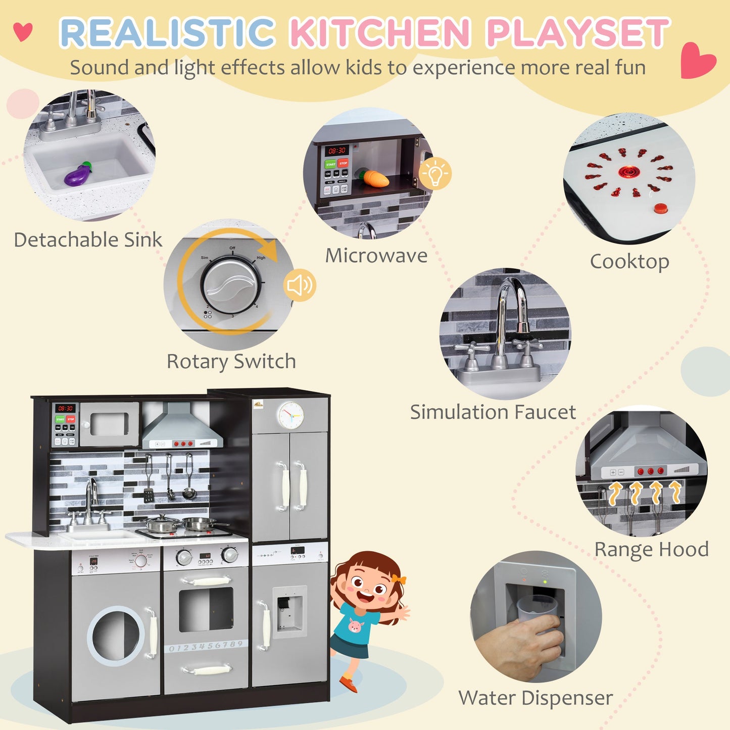 Wooden Play Kitchen with Lights Sounds, Kids Kitchen Playset with Washing Machine, Water Dispenser, Microwave, Range Hood, Refrigerator, Utensils, Gift for 3-6 Years Old - Gallery Canada