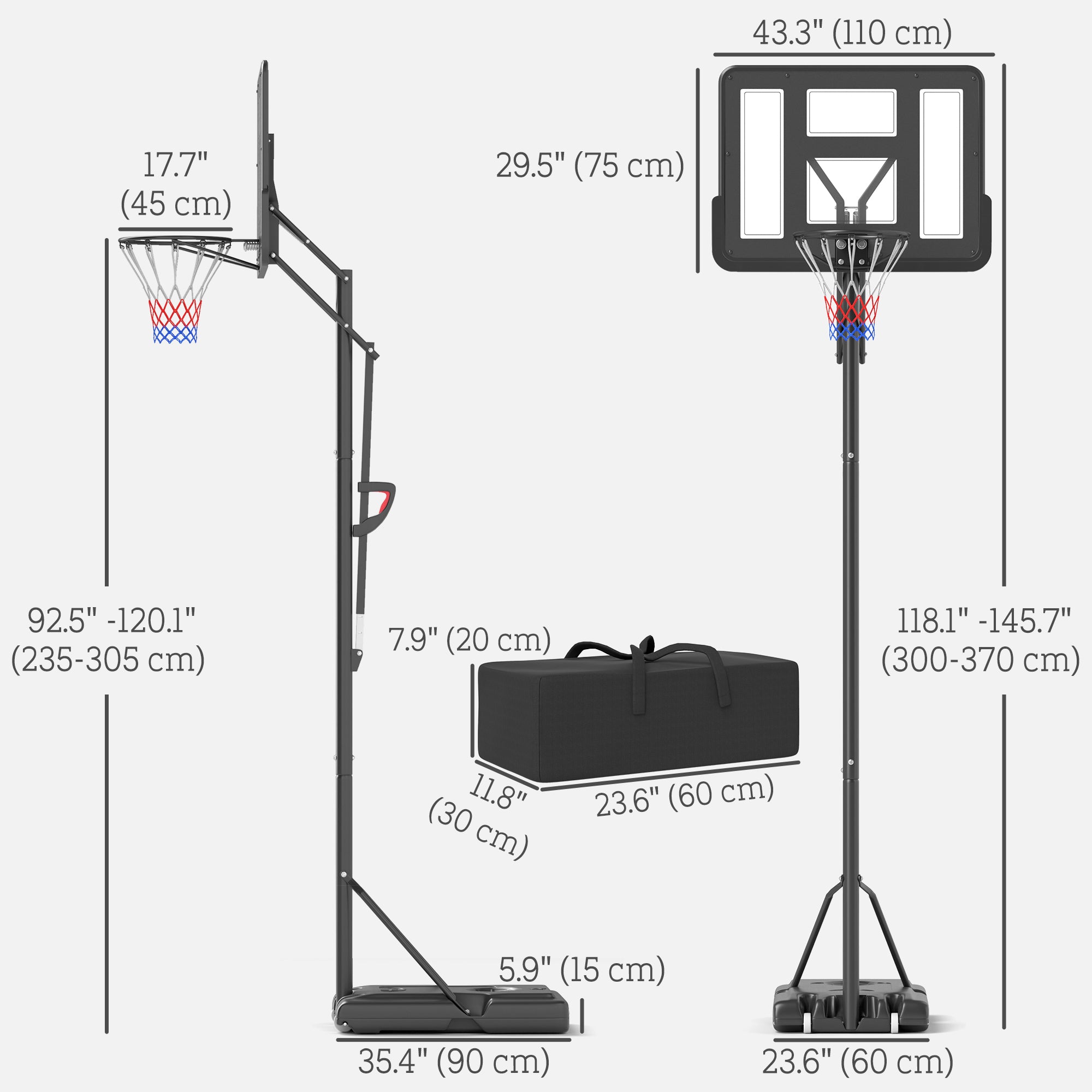 7.7-10ft Portable Basketball Hoop, Basketball Goal with Free Weight, Wheels, 43
