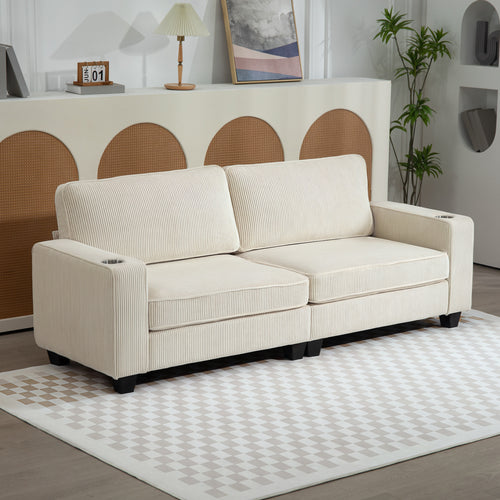 Three Seater Sofa, Fabric 3 Seater Couch with Spring Cushion and Cup Holders for Living Room, Bedroom, Cream White