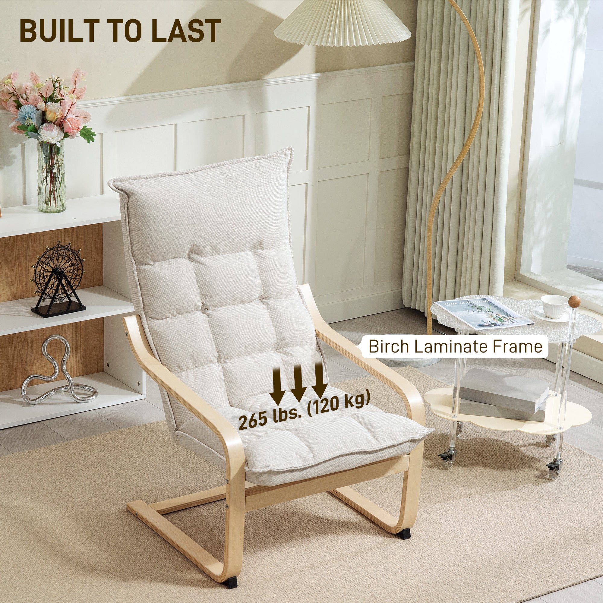 Modern Armchair, Upholstered Accent Chair with Curved Leg and Arm, Leisure Lounge Chair for Living Room, Cream White Accent Chairs at Gallery Canada