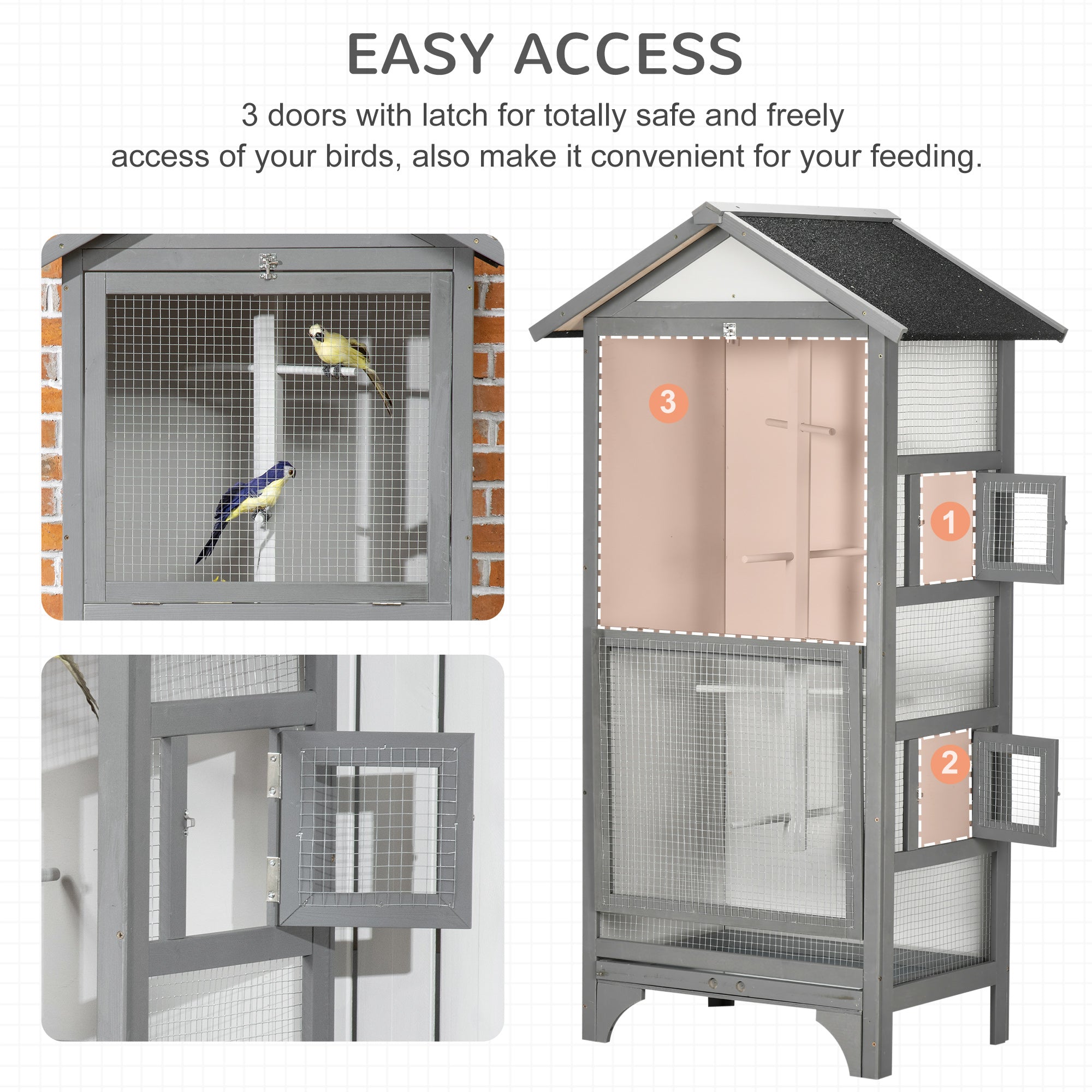 Wooden Bird Aviary Parrot Cage Pet Furniture with Removable Bottom Tray, 2 Doors, Asphalt Roof, 4 Perches, Light Grey Bird Cages   at Gallery Canada