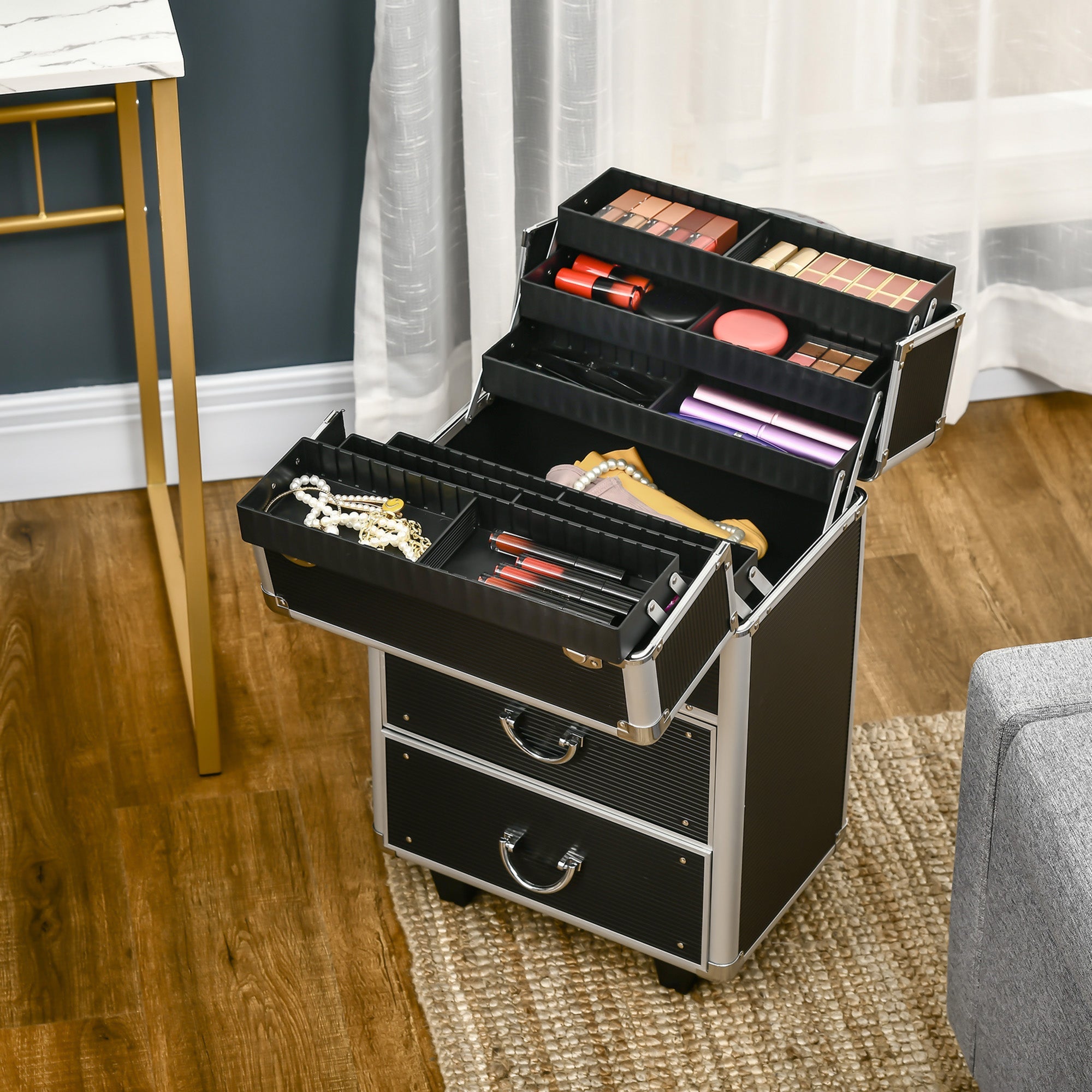 Rolling Makeup Train Case, Large Storage Cosmetic Trolley, Lockable Traveling Cart Trunk with Folding Trays, Swivel Wheels and Keys, Black Makeup Cases   at Gallery Canada