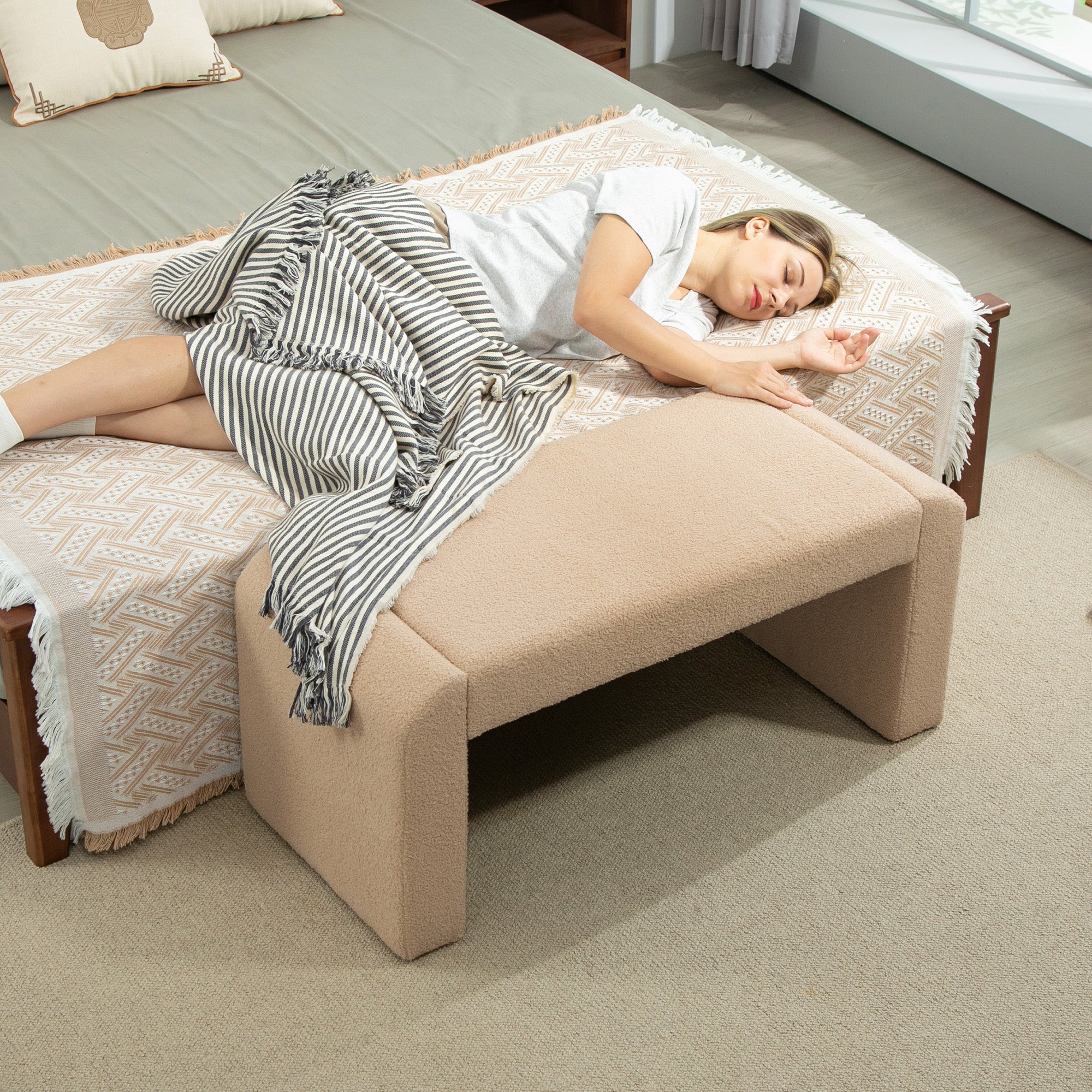 Upholstered Bedroom Bench, Boucle End of Bed Bench, Modern U-Shaped Entryway Bench, 39 x 18 x 18 Inches, Light Brown Storage Ottomans & Benches at Gallery Canada