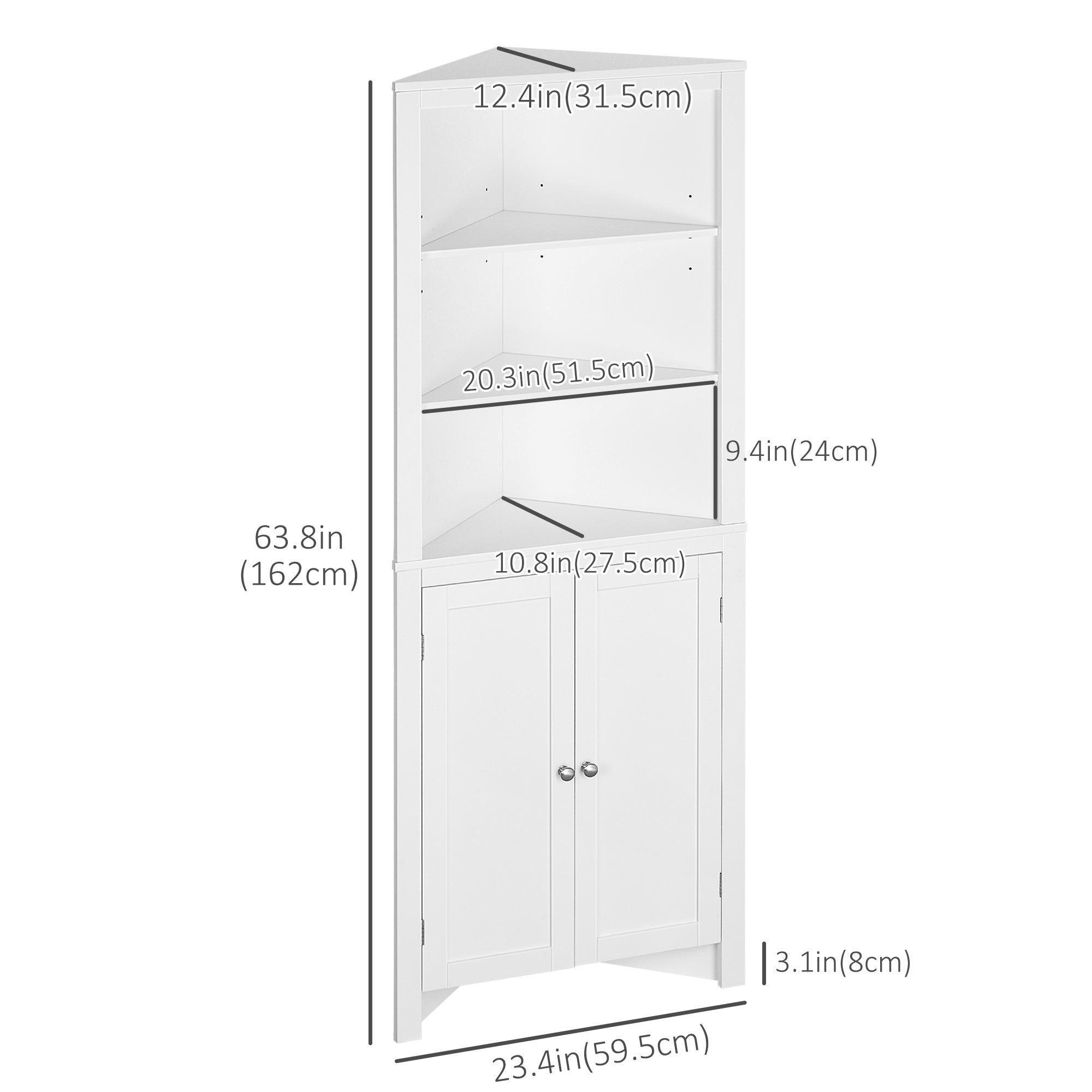 Tall Bathroom Storage Cabinet, Corner Cabinet with Doors, Linen Cabinet with Doors and 3-Tier Shelves, White Bathroom Cabinets   at Gallery Canada