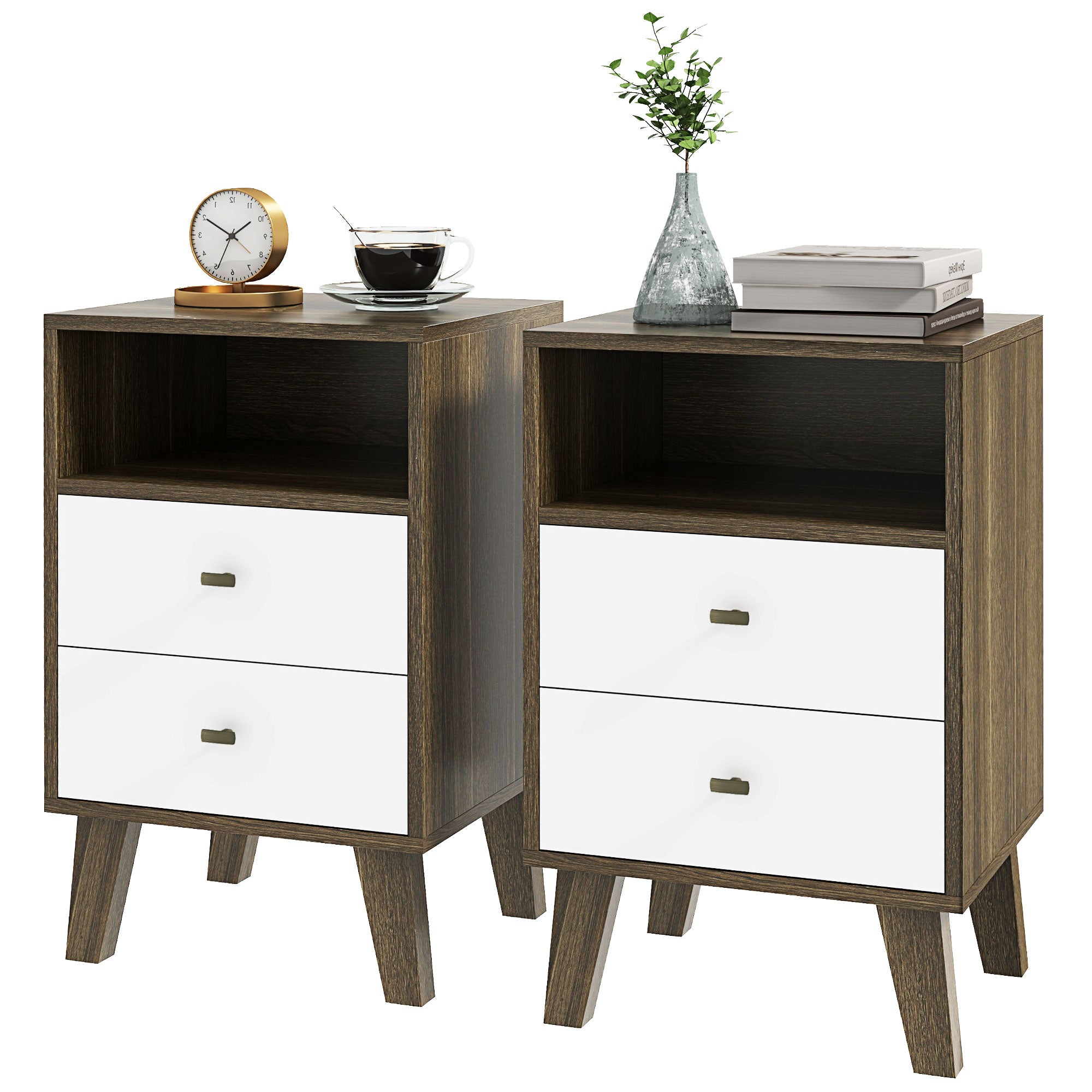 Nightstand Set of 2, Modern Bedside Table, Night Stand for Living Room with 3 Drawers and Open Storage, Grey Bedside Tables   at Gallery Canada