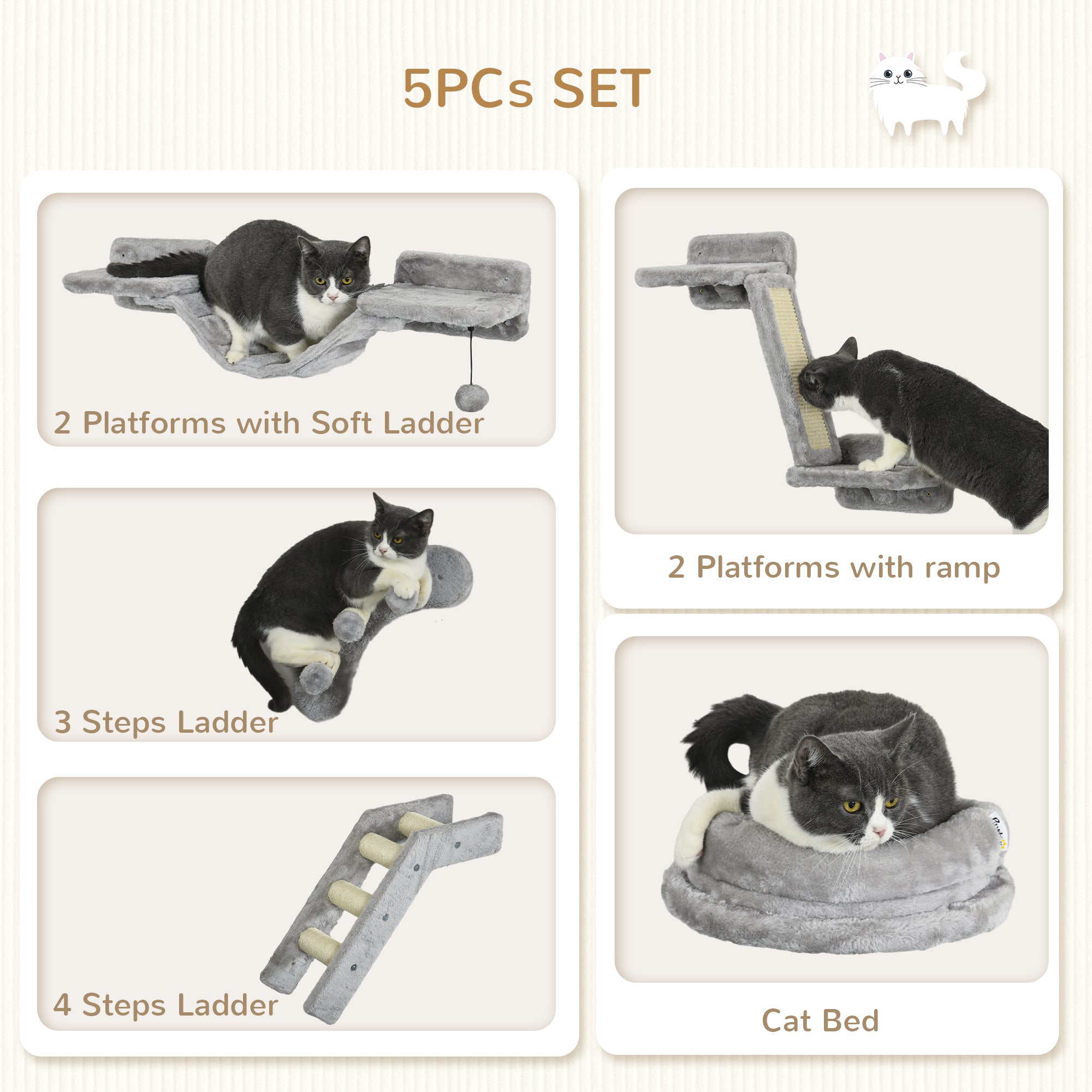 5PCs Cat Wall Shelves with Scratching Post, Ladder, Cat Bed, Jumping Platform, Perches, Toy Ball, Step Cat Climbing Wall at Gallery Canada
