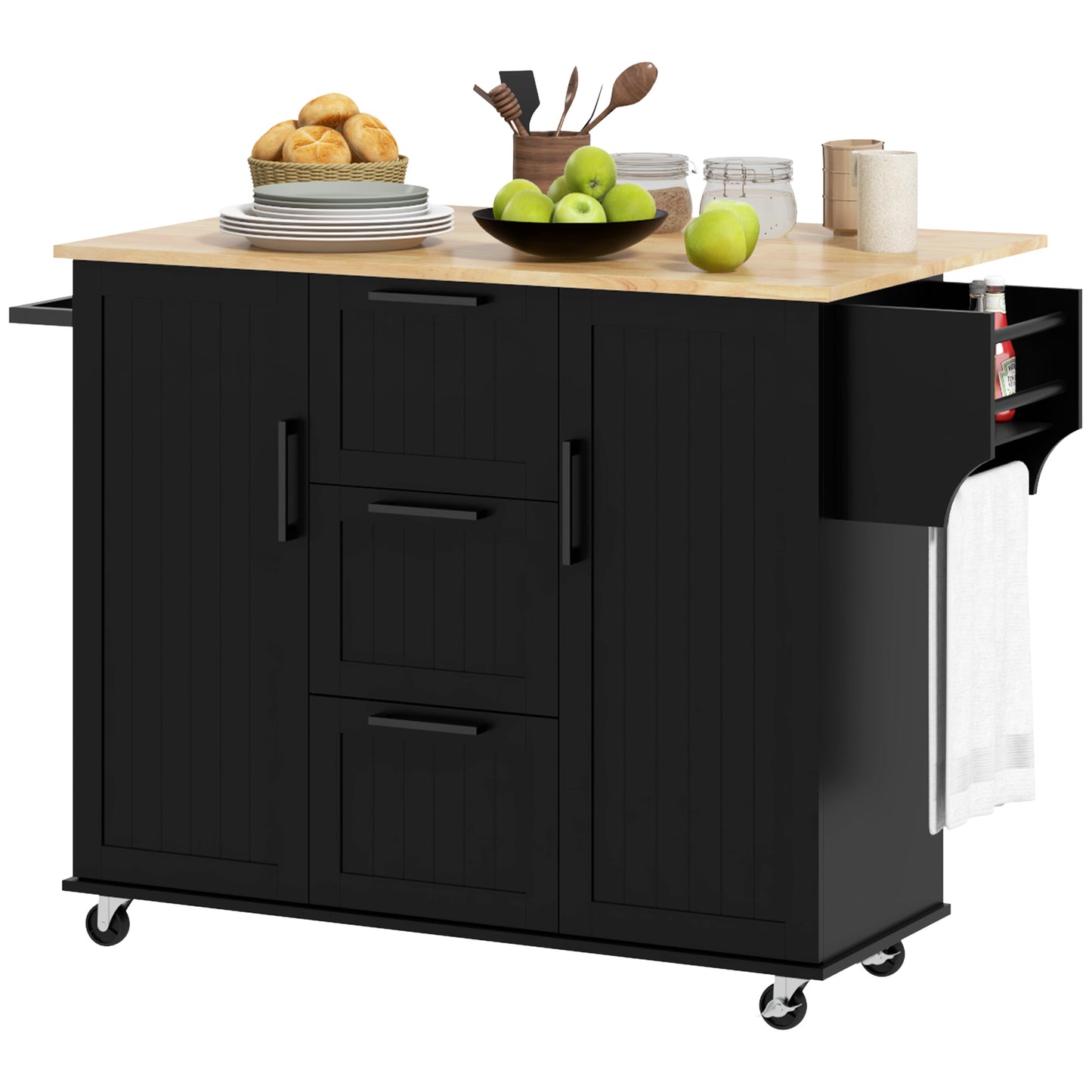 Rolling Kitchen Cart on Wheels with Drop Leaf, Kitchen Island with 3 Drawers, Solid Wood Top and Towel Rack, Black Kitchen Islands & Kitchen Carts   at Gallery Canada