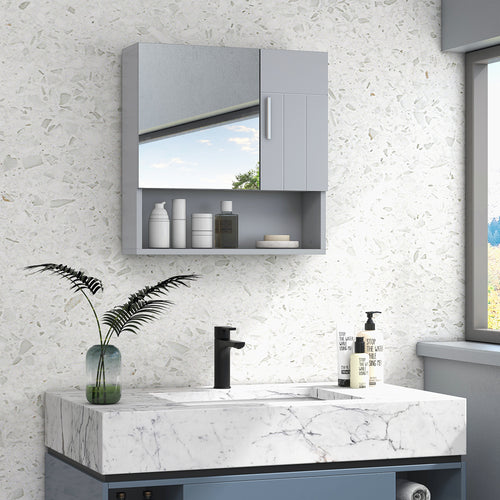 Bathroom Mirror Cabinet, Wall Mounted Medicine Cabinet with Double Doors and Adjustable Shelf, Grey